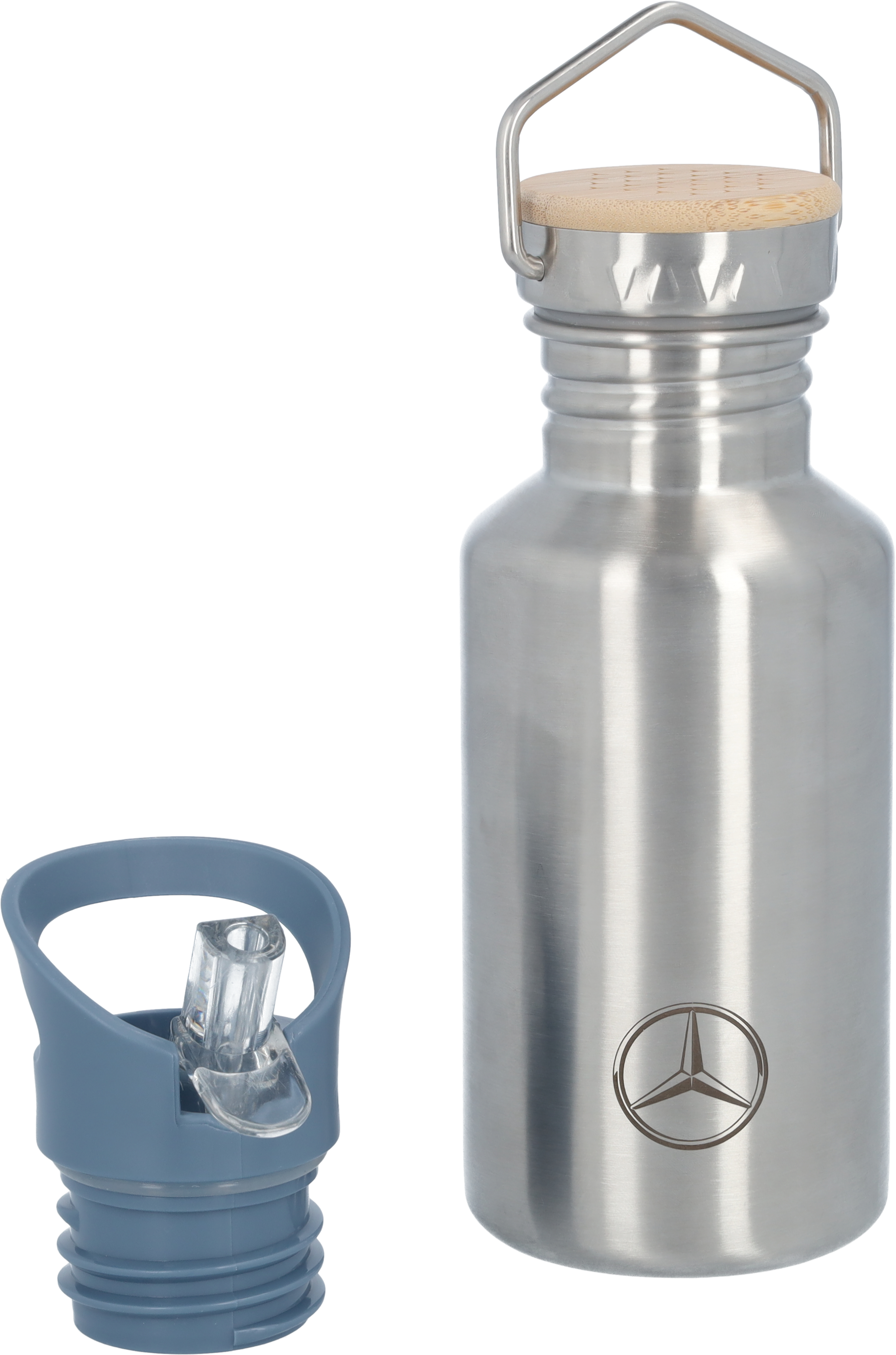 Láhev na pití pro děti, Mercedes-Benz - stříbrné barvy / modrá, Nerezová ocel / Bambus / Polypropylen, Lässig
