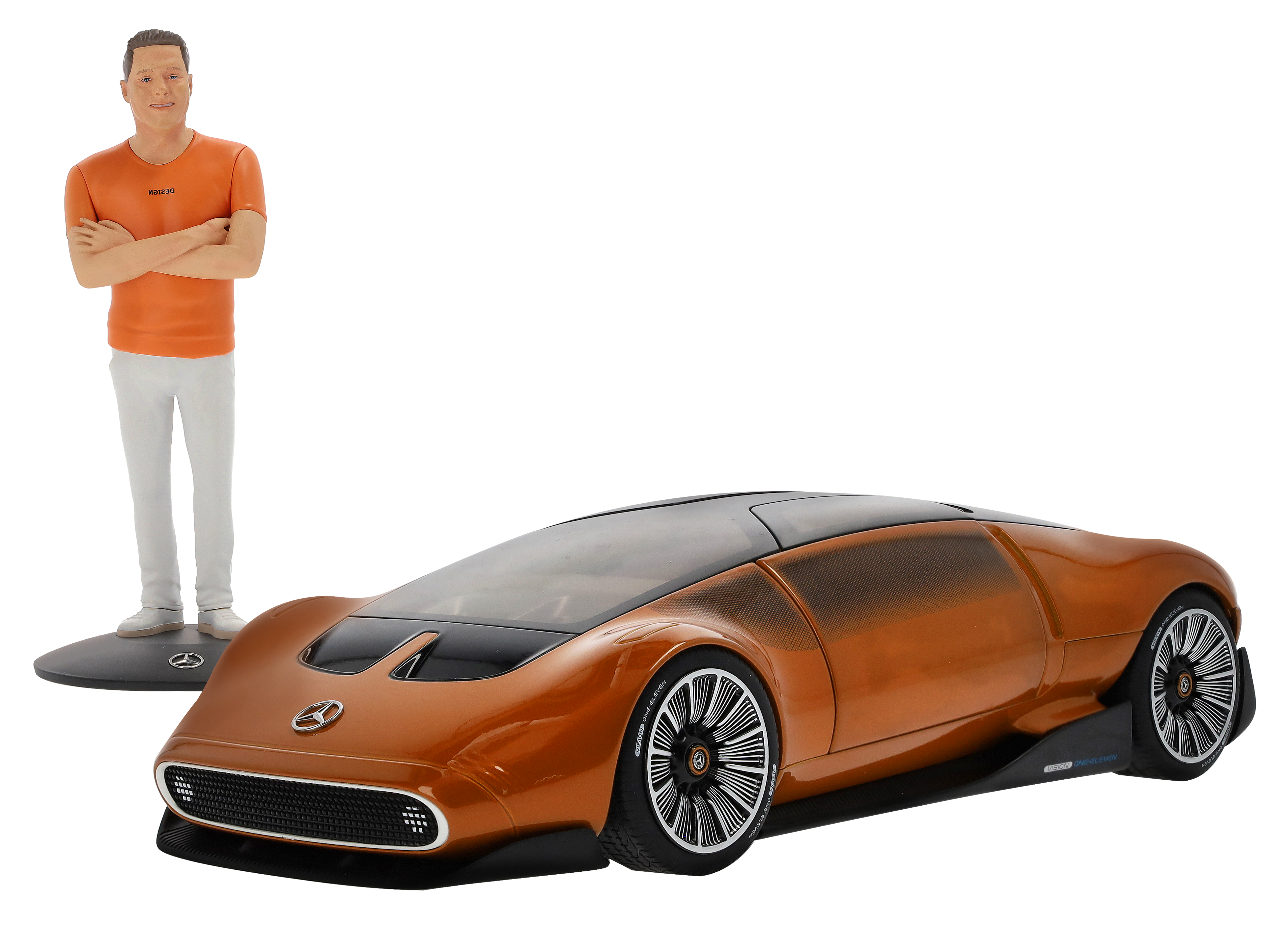 Sada Vision One-Eleven s figurkou, Předváděcí vůz - oranžová, NZG, 1:18