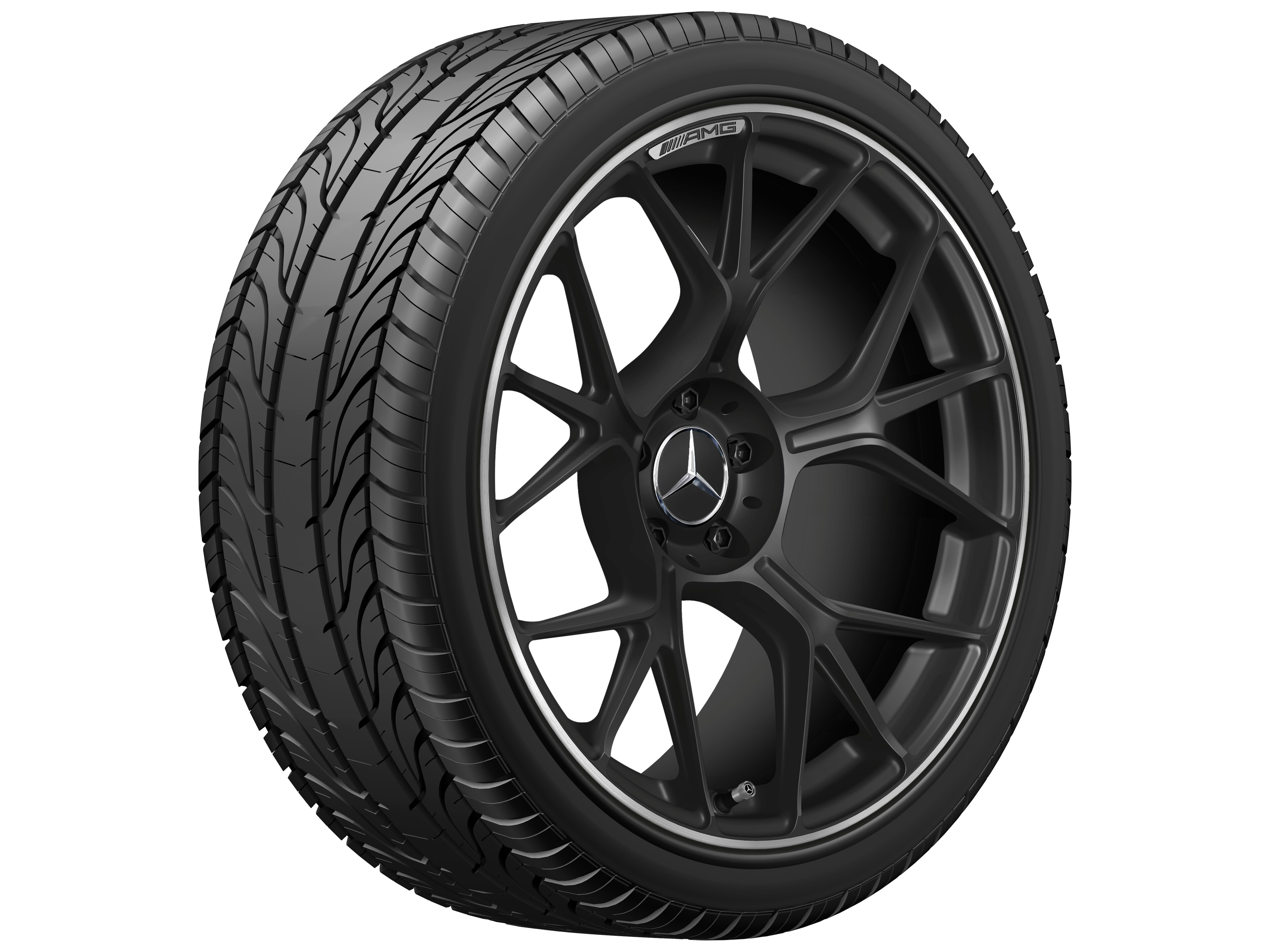 Kované kolo AMG v provedení se zkříženými paprsky, 50,8 cm (20 palců), Okraj ráfku leštěný - 11 J x 20 ET 24,1, černá matná, Okraj ráfku leštěný