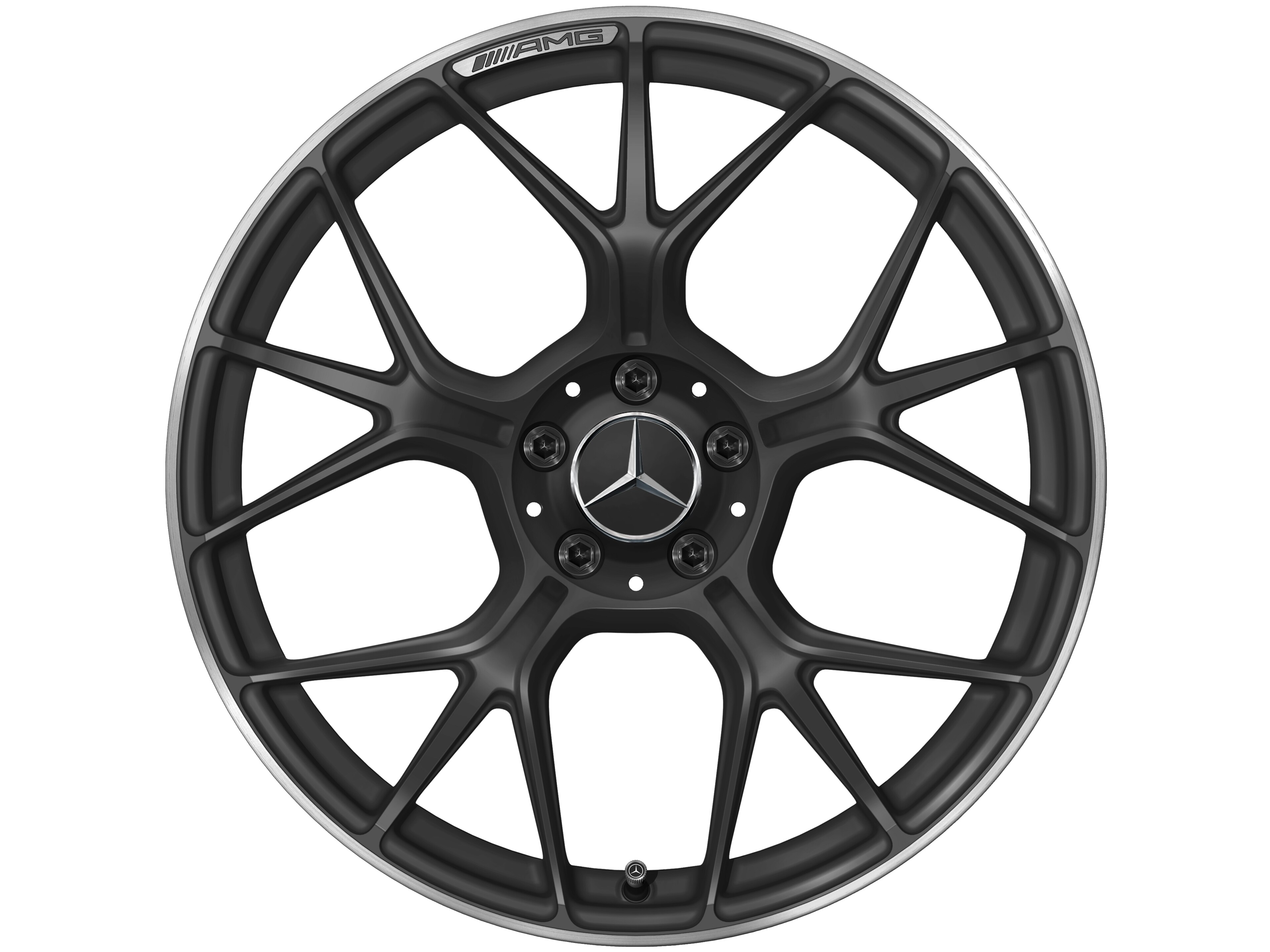 Kované kolo AMG v provedení se zkříženými paprsky, 50,8 cm (20 palců), Okraj ráfku leštěný - 11 J x 20 ET 24,1, černá matná, Okraj ráfku leštěný