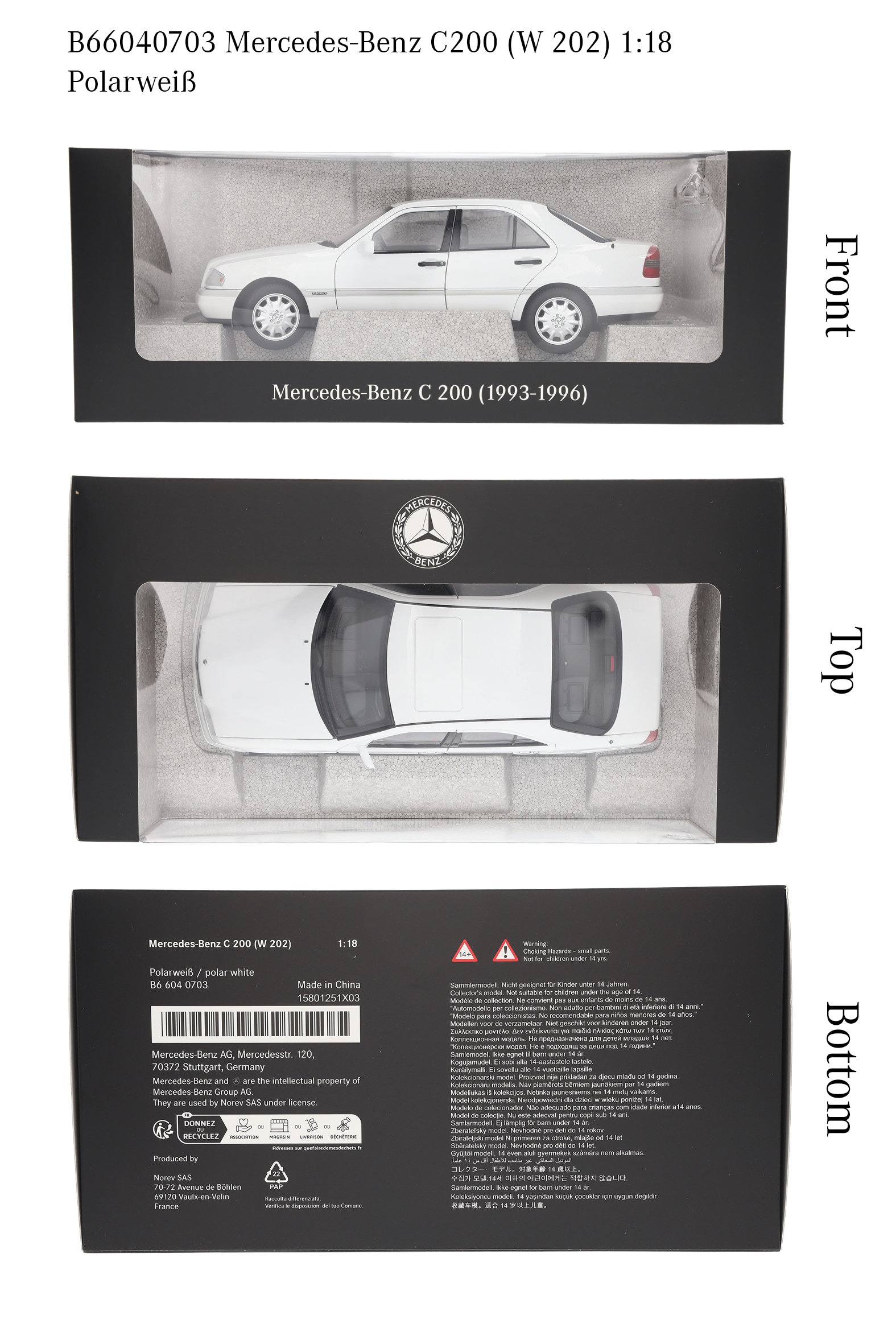 C 200 Sedan W 202 (1993-1996) - bílá polar, Norev, 1:18