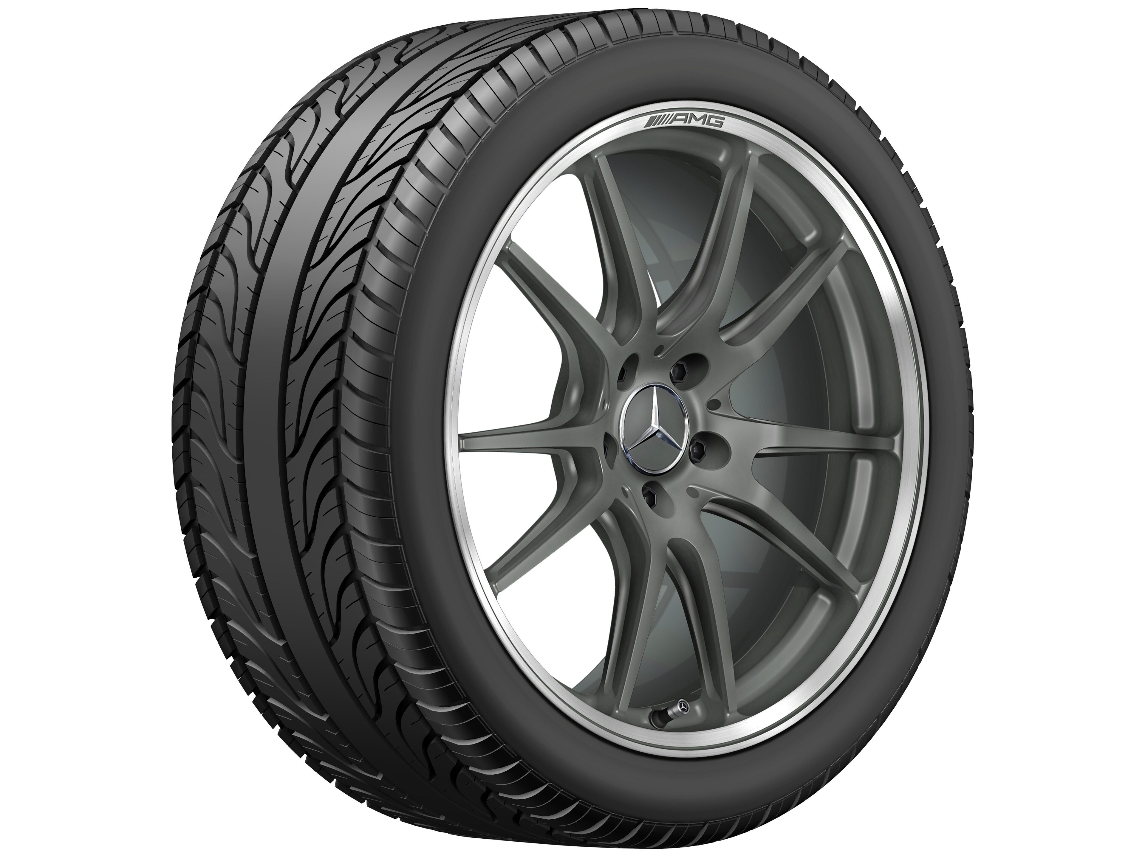 Kované kolo AMG v provedení s 5 dvojitými paprsky, 50,8 cm (20 palců), Okraj ráfku leštěný - 12 J x 20 ET 52, šedá titanium matná, Okraj ráfku leštěný
