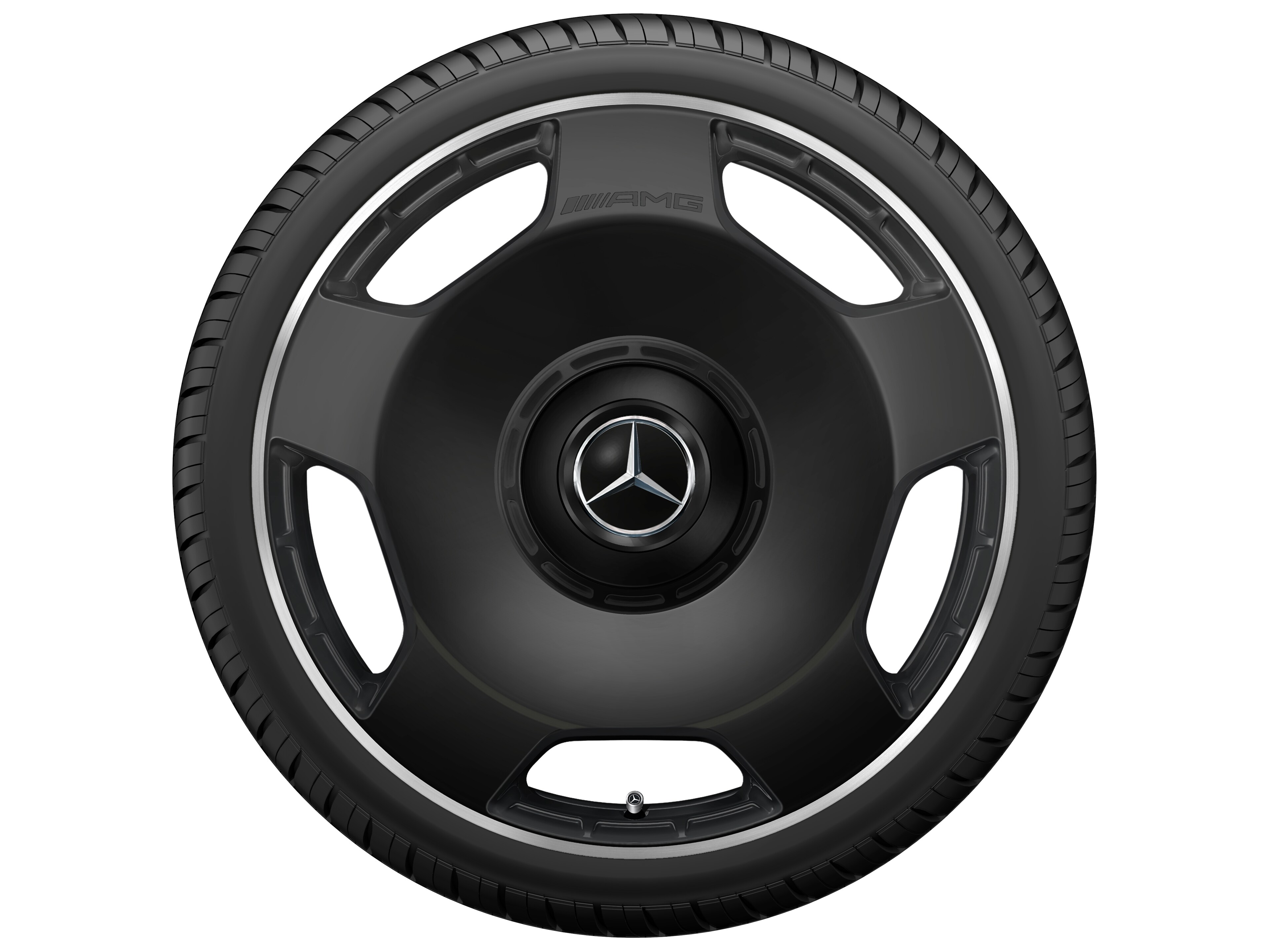 Kované kolo AMG v provedení s 5 otvory, 55,9 cm (22 palců), Okraj ráfku leštěný - 10 J x 22 ET 36, černá matná, Okraj ráfku leštěný