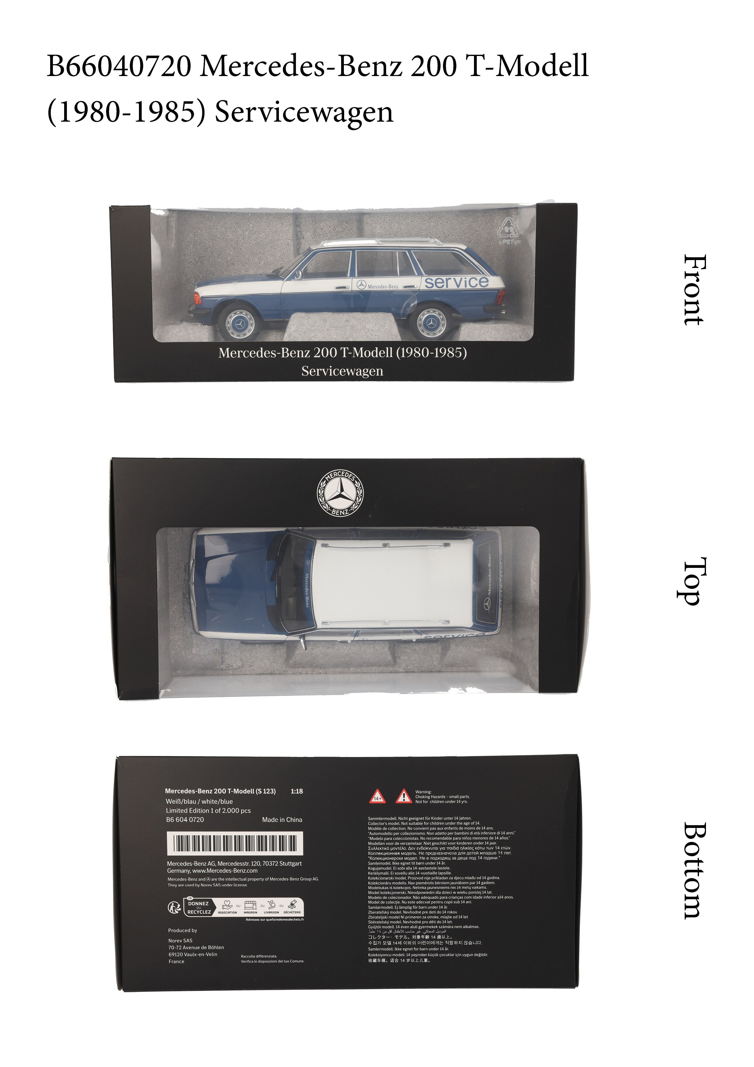 200 T-Modell S123 (1980-1985), Servicewagen - blau, Norev, 1:18