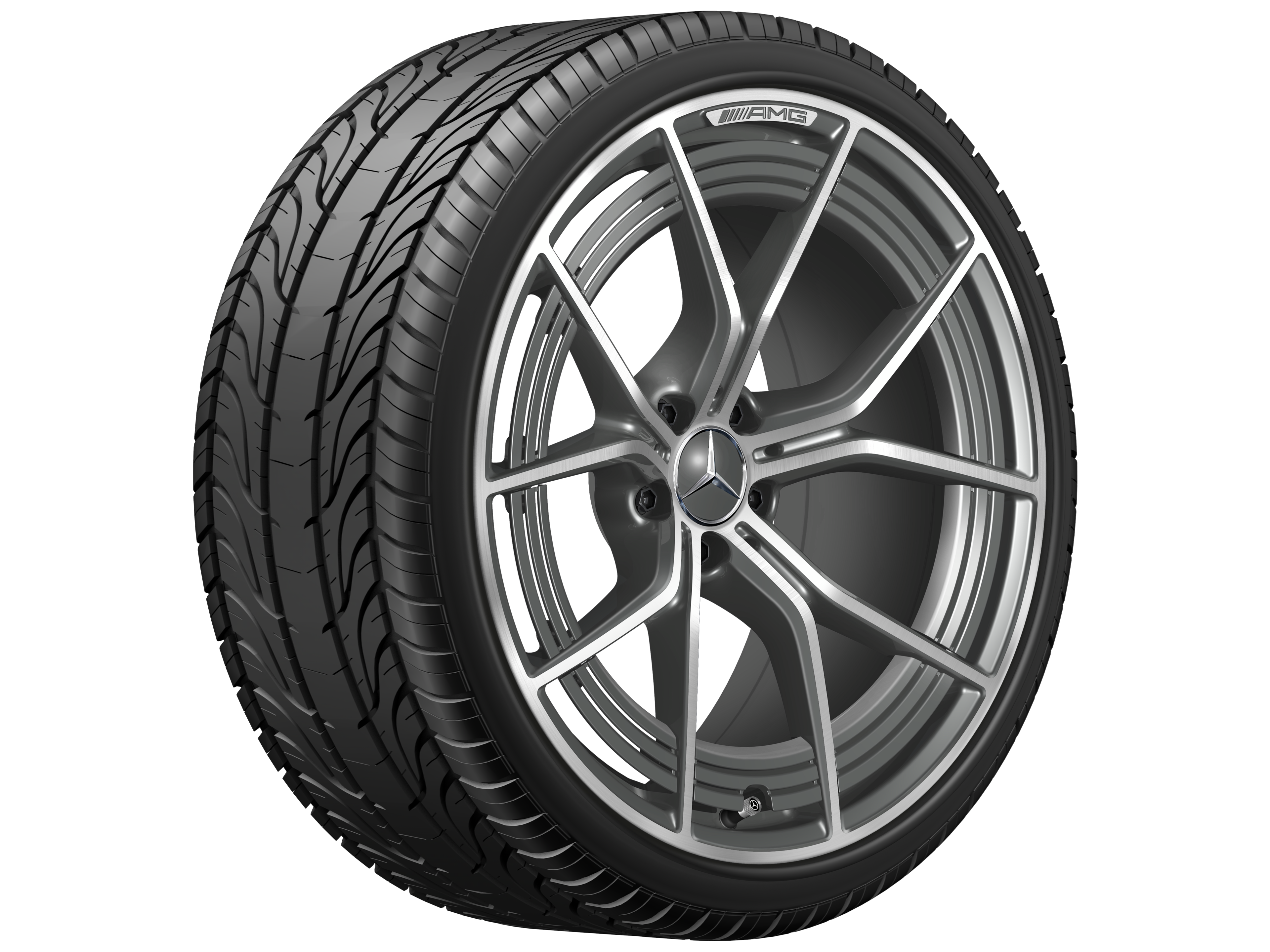 Kované kolo AMG v provedení s 5 dvojitými paprsky, 53,3 cm (21 palců) - 11 J x 21 ET 60, šedá tantalum, soustružené do lesku