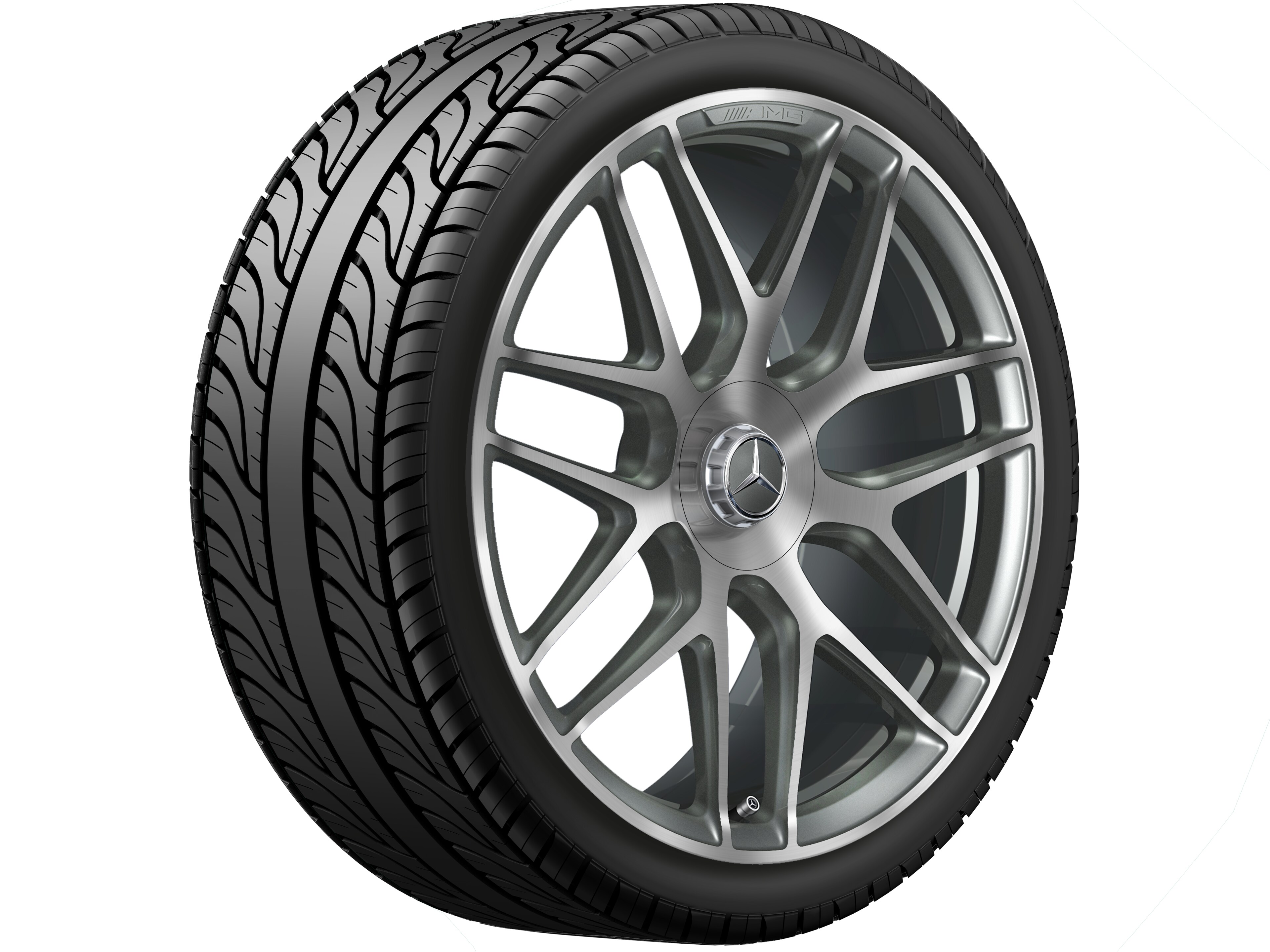 Kované kolo AMG v provedení se zkříženými paprsky, 55,9 cm (22 palců) - 11,5 J x 22 ET 53, šedá titanium, soustružené do lesku