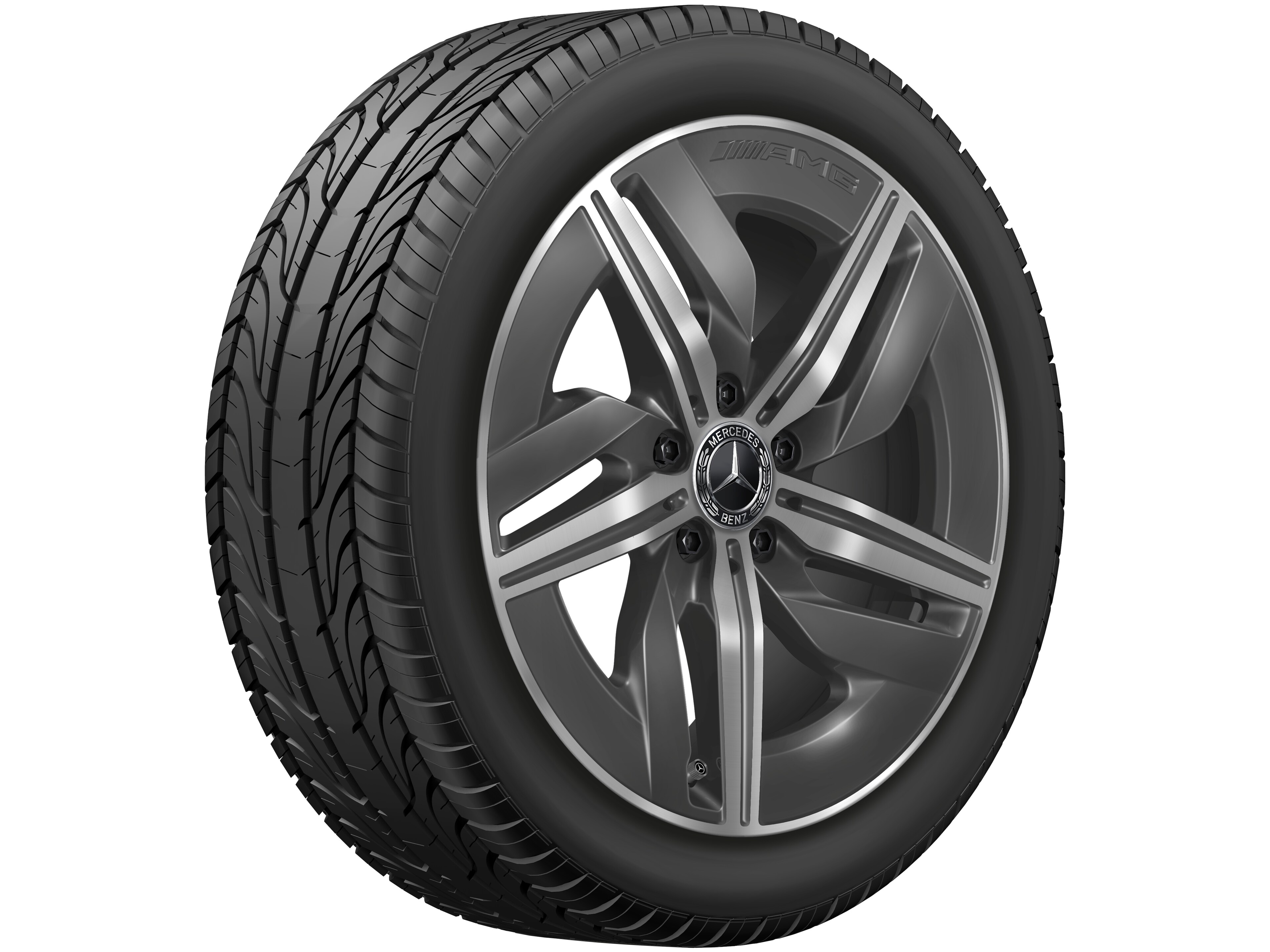 Kolo AMG s 5 paprsky, 45,7 cm (18 palce) - 9 J x 18 ET 66, šedá tantalum, soustružené do lesku