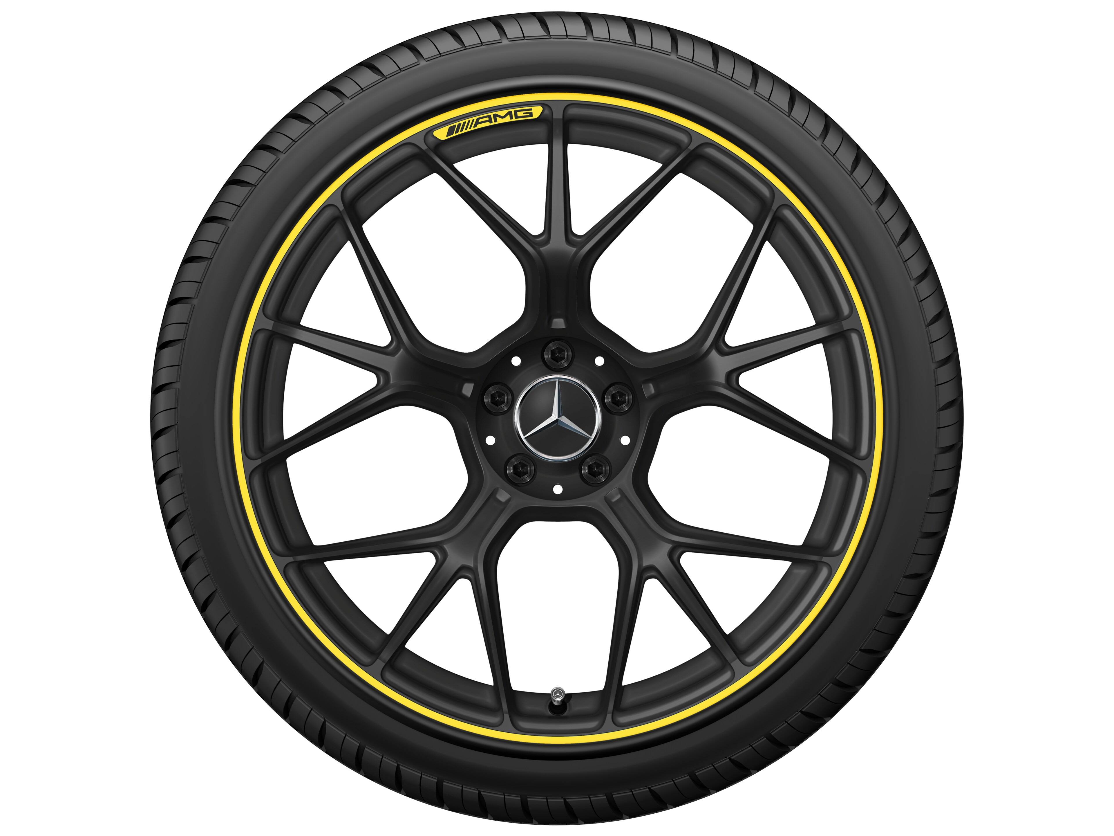 Kované kolo AMG v provedení se zkříženými paprsky, 50,8 cm (20 palců) - 11 J x 20 ET 24,1, černá matná / signální žlutá, soustružené do lesku