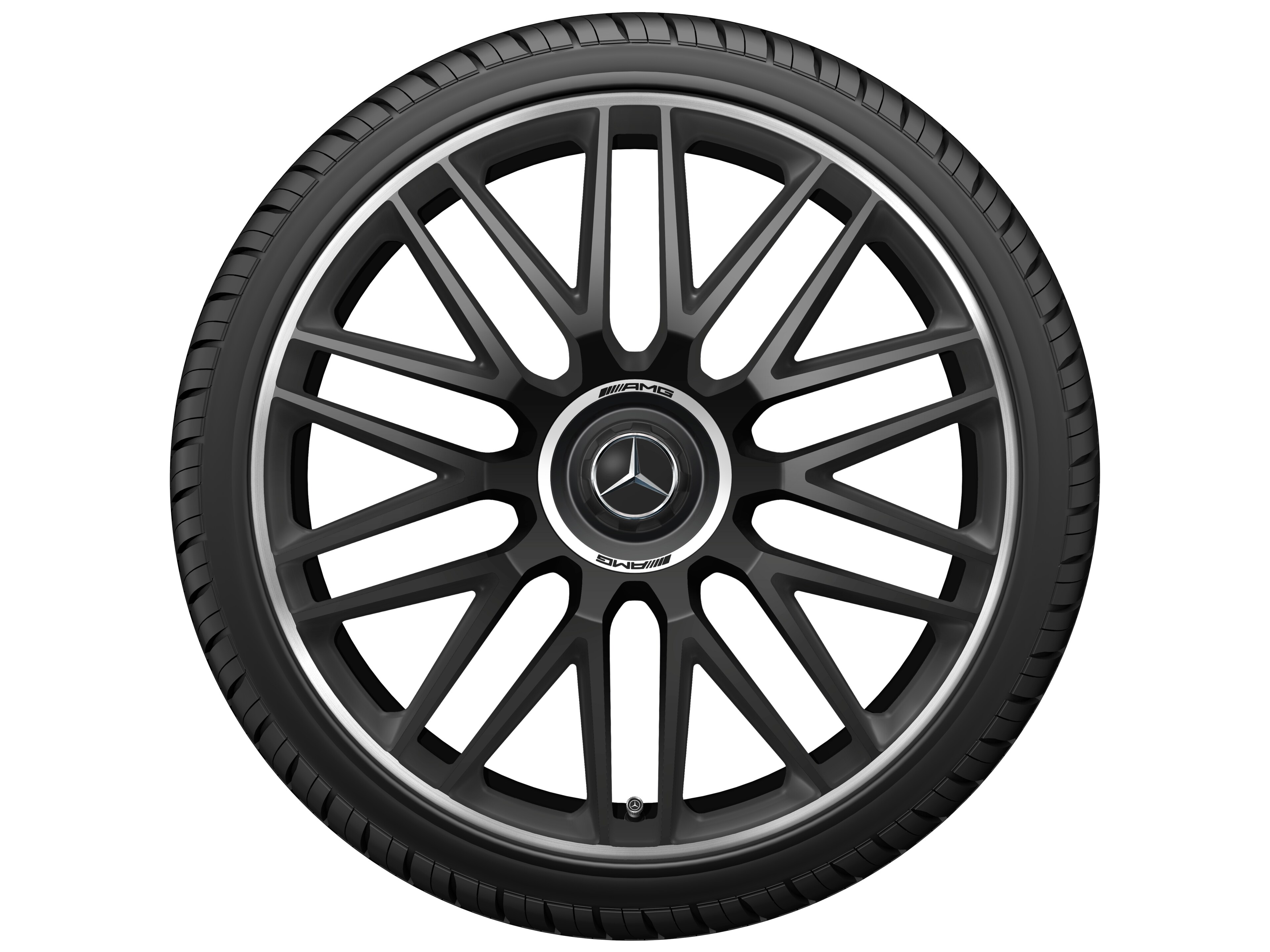 Kované kolo AMG v provedení s 10 dvojitými paprsky, 53,3 cm (21 palců), Okraj ráfku leštěný - 10,5 J x 21 ET 42, černá matná, Okraj ráfku leštěný