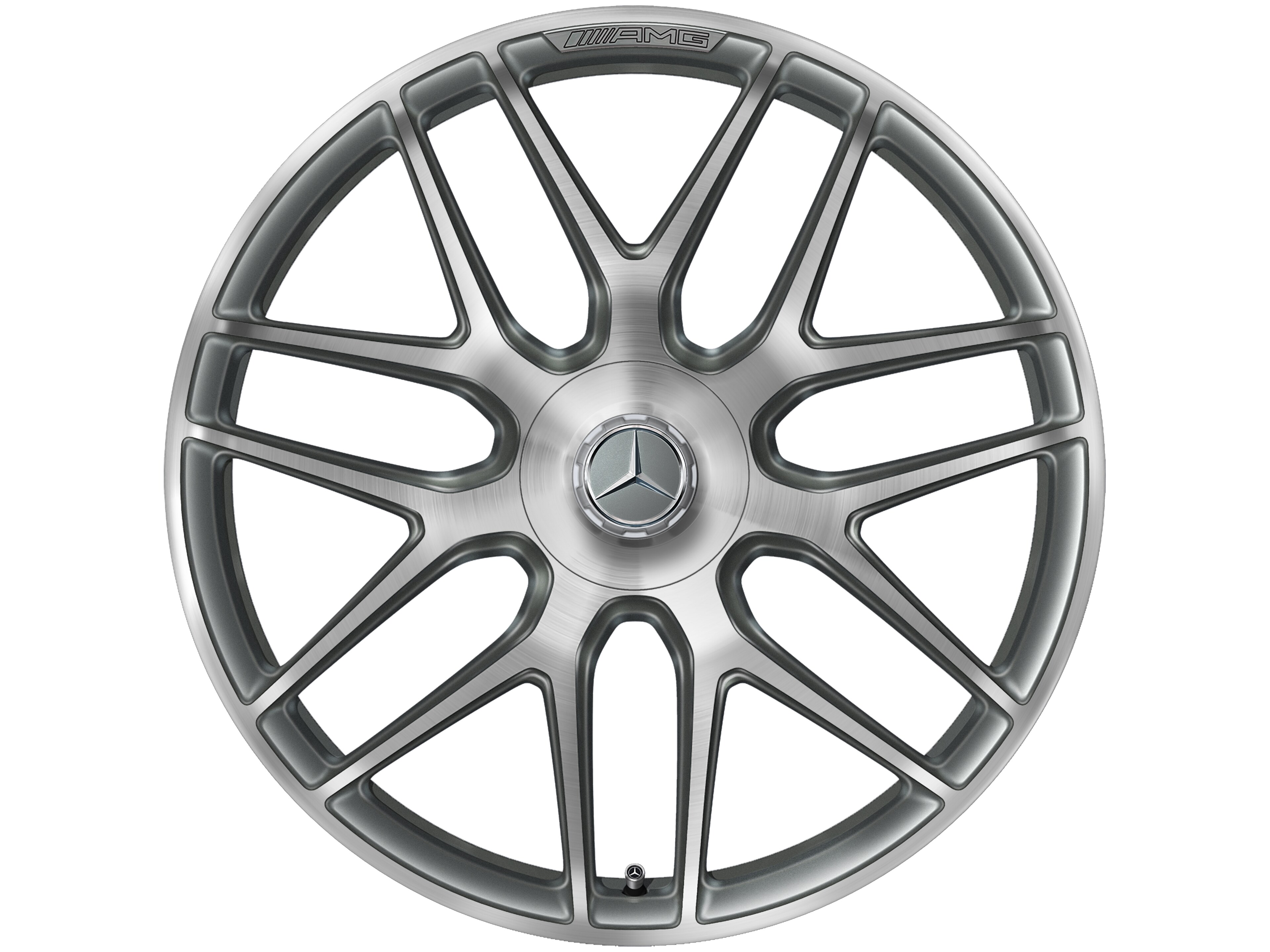 Kované kolo AMG v provedení se zkříženými paprsky, 55,9 cm (22 palců) - 11,5 J x 22 ET 53, šedá titanium, soustružené do lesku