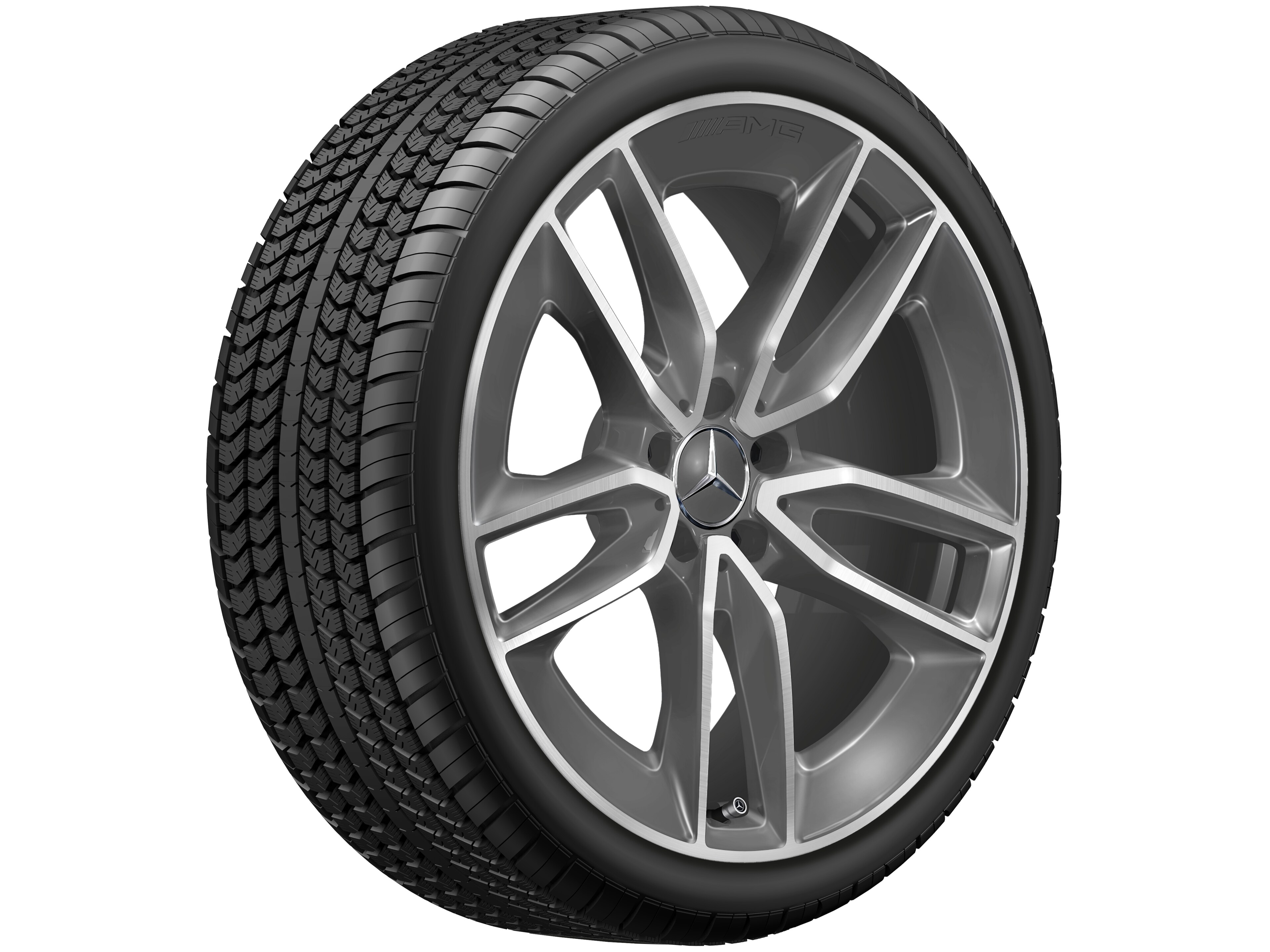 Kolo AMG s 5 dvojitými paprsky, 50,8 cm (20 palců) - 9 J x 20 ET 49, šedá tantalum, soustružené do lesku