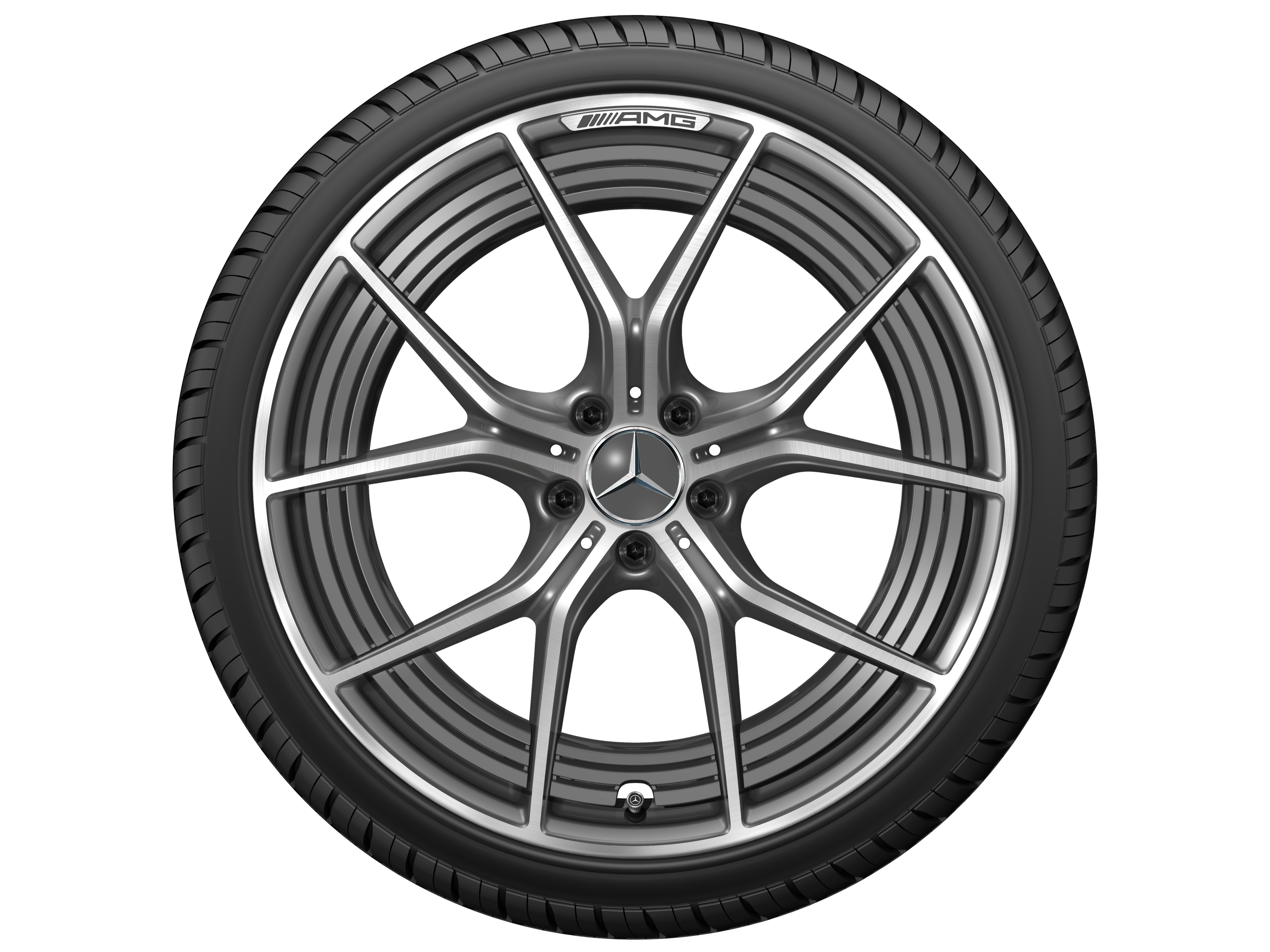 Kované kolo AMG v provedení s 5 dvojitými paprsky, 53,3 cm (21 palců) - 11 J x 21 ET 60, šedá tantalum, soustružené do lesku