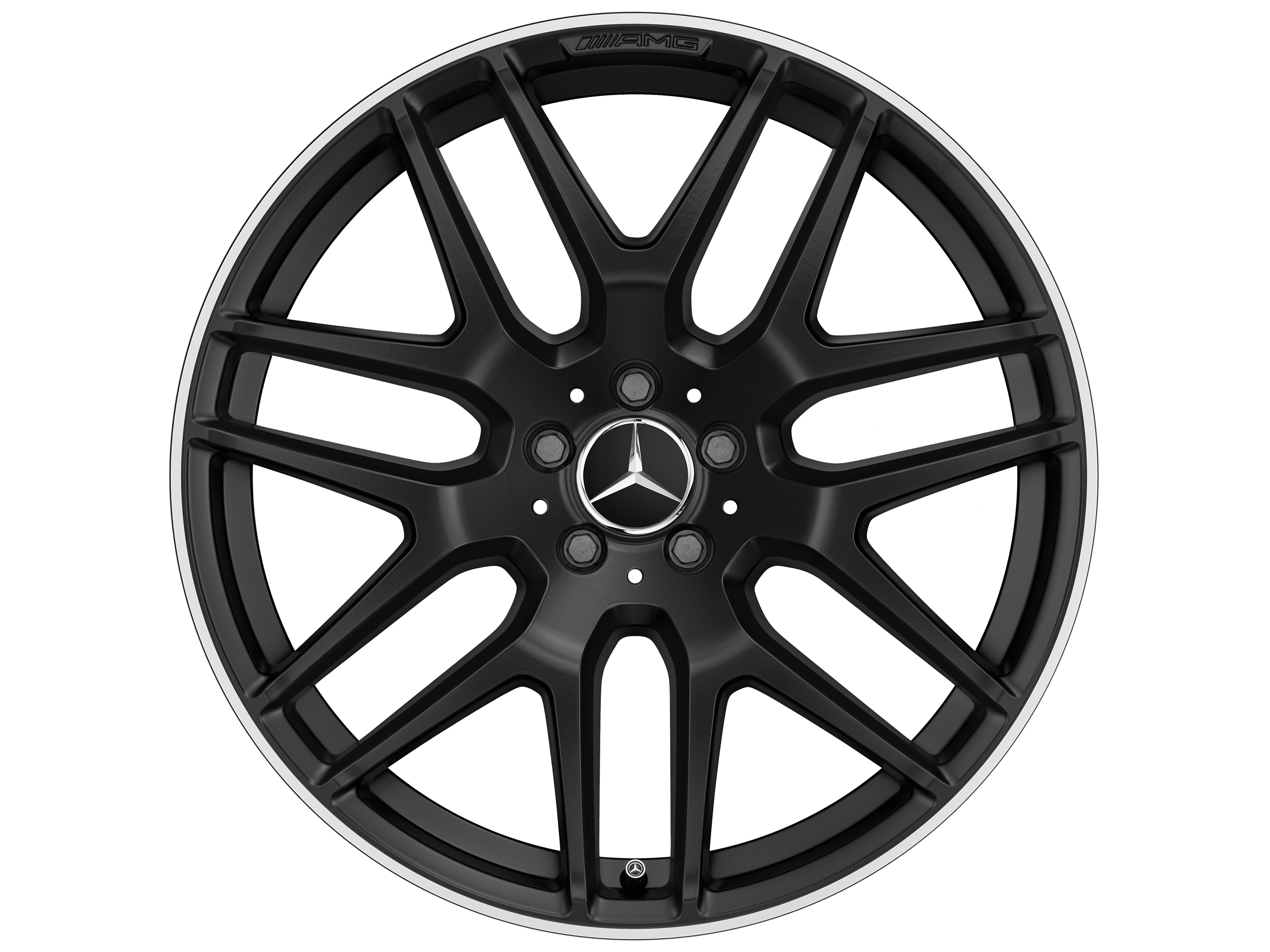 Kolo AMG z lehkých slitin, v provedení se zkříženými paprsky, 53,3 cm (21 palců), Okraj ráfku leštěný - 10 J x 21 ET 46, černá matná, Okraj ráfku leštěný