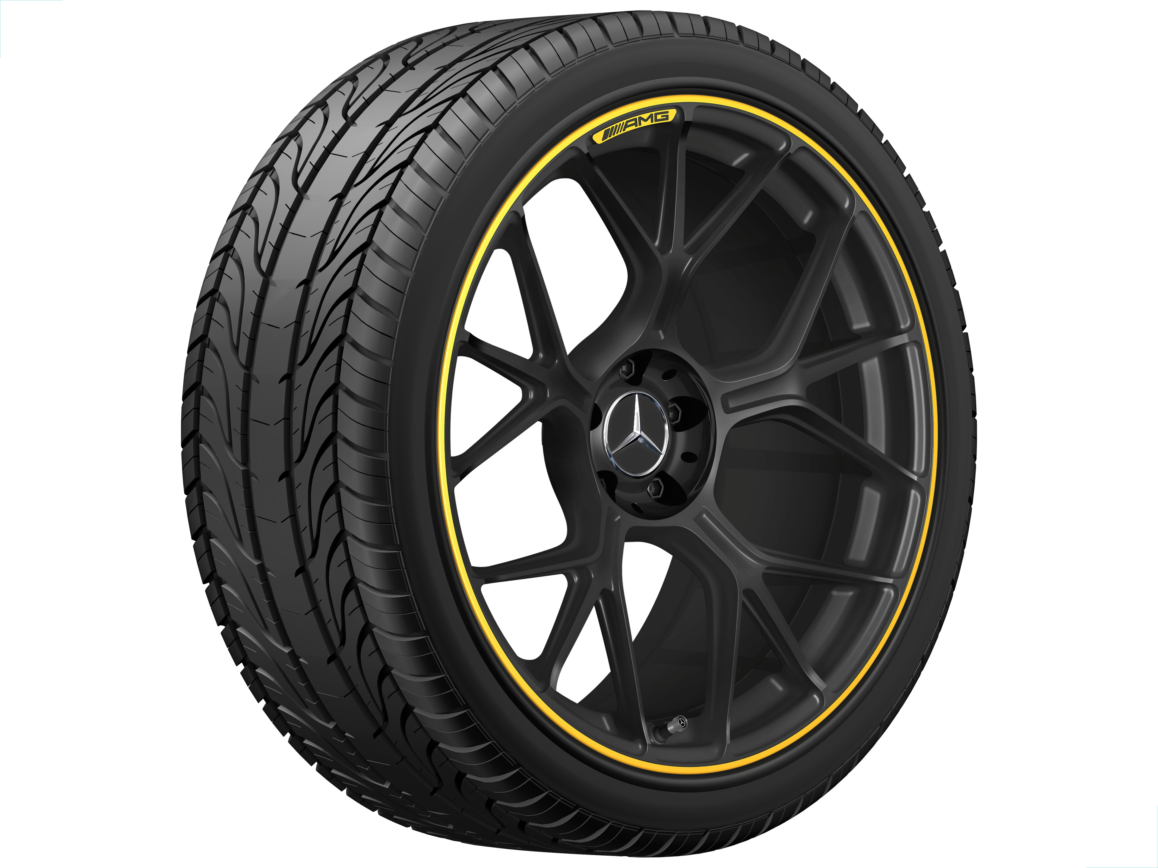 Kované kolo AMG v provedení se zkříženými paprsky, 50,8 cm (20 palců) - 11 J x 20 ET 24,1, černá matná / signální žlutá, soustružené do lesku