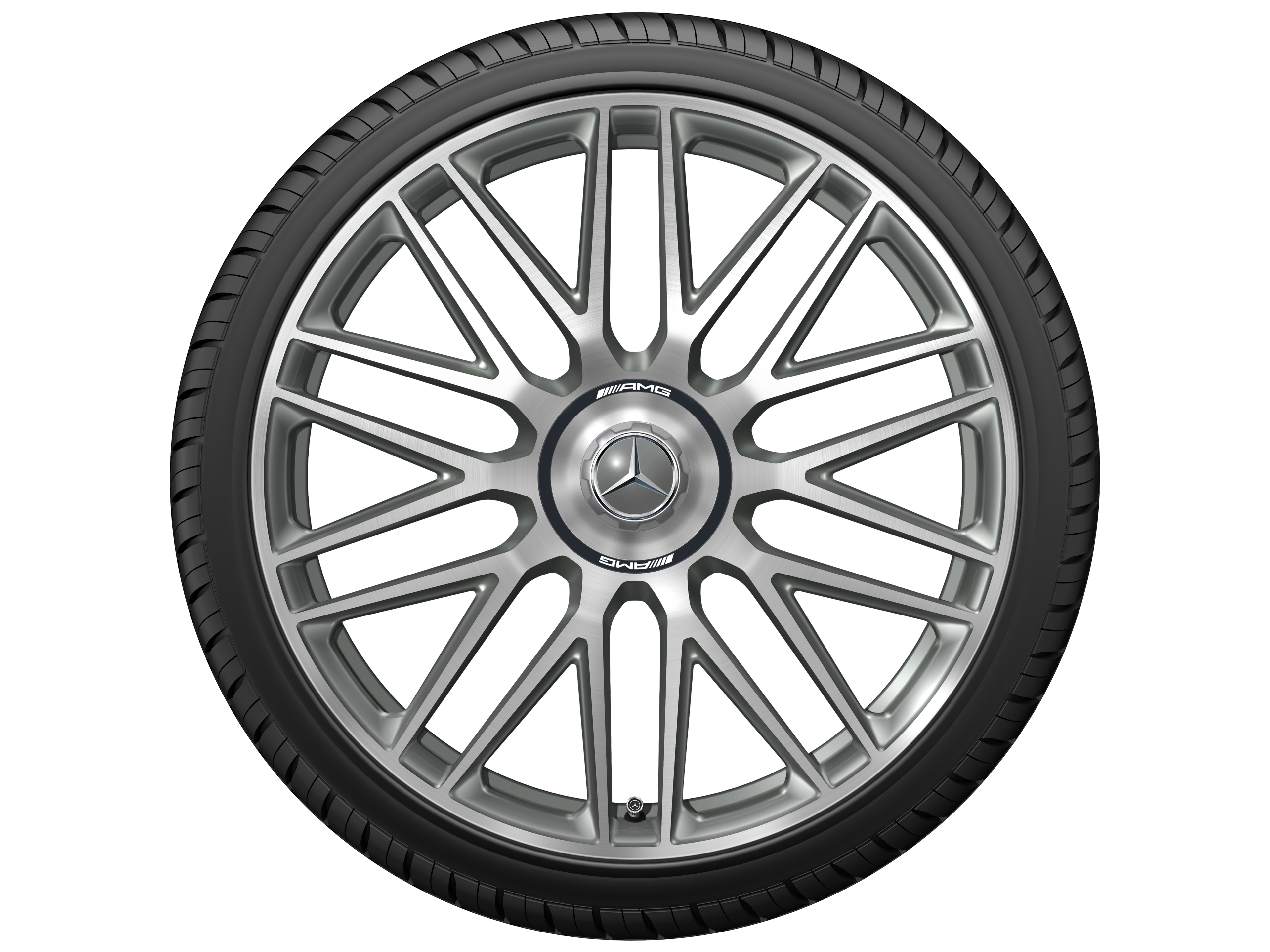 Kované kolo AMG v provedení s 10 dvojitými paprsky, 53,3 cm (21 palců) - 10,5 J x 21 ET 42, šedá titanium, soustružené do lesku