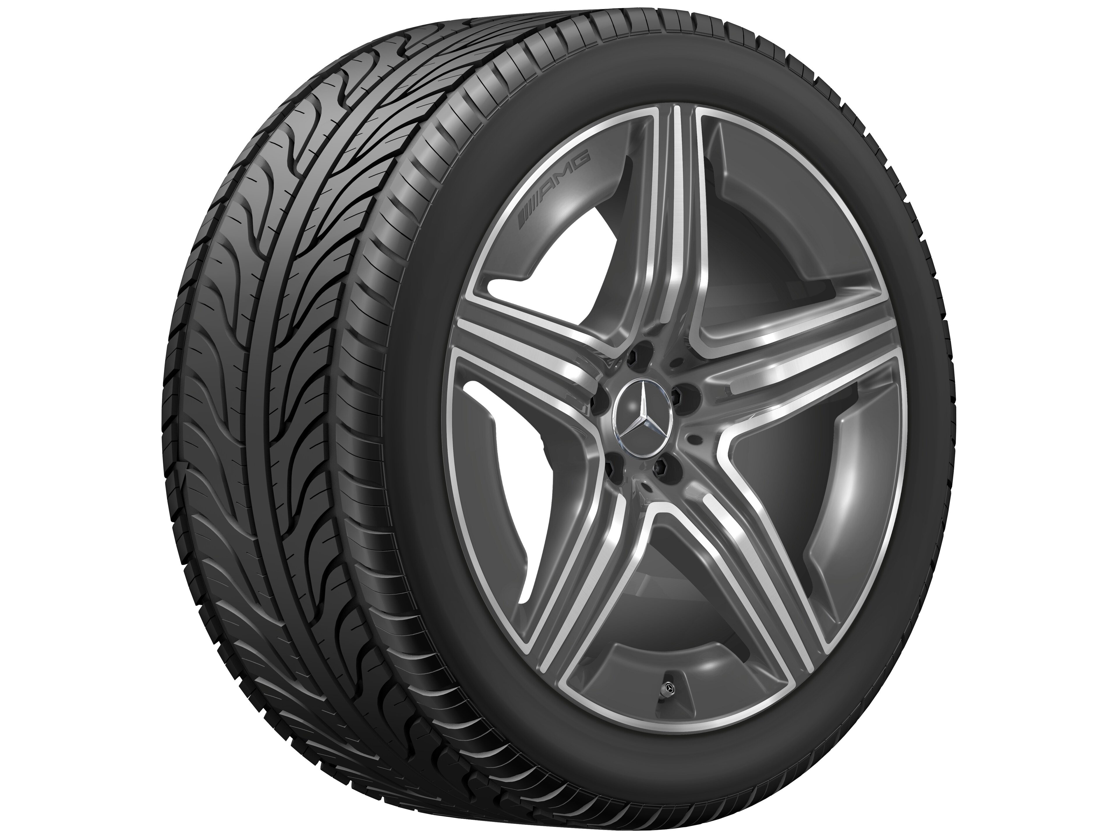 Kolo AMG s 5 dvojitými paprsky, 53,3 cm (21 palců) - 11 J x 21 ET 49, šedá tantalum, soustružené do lesku
