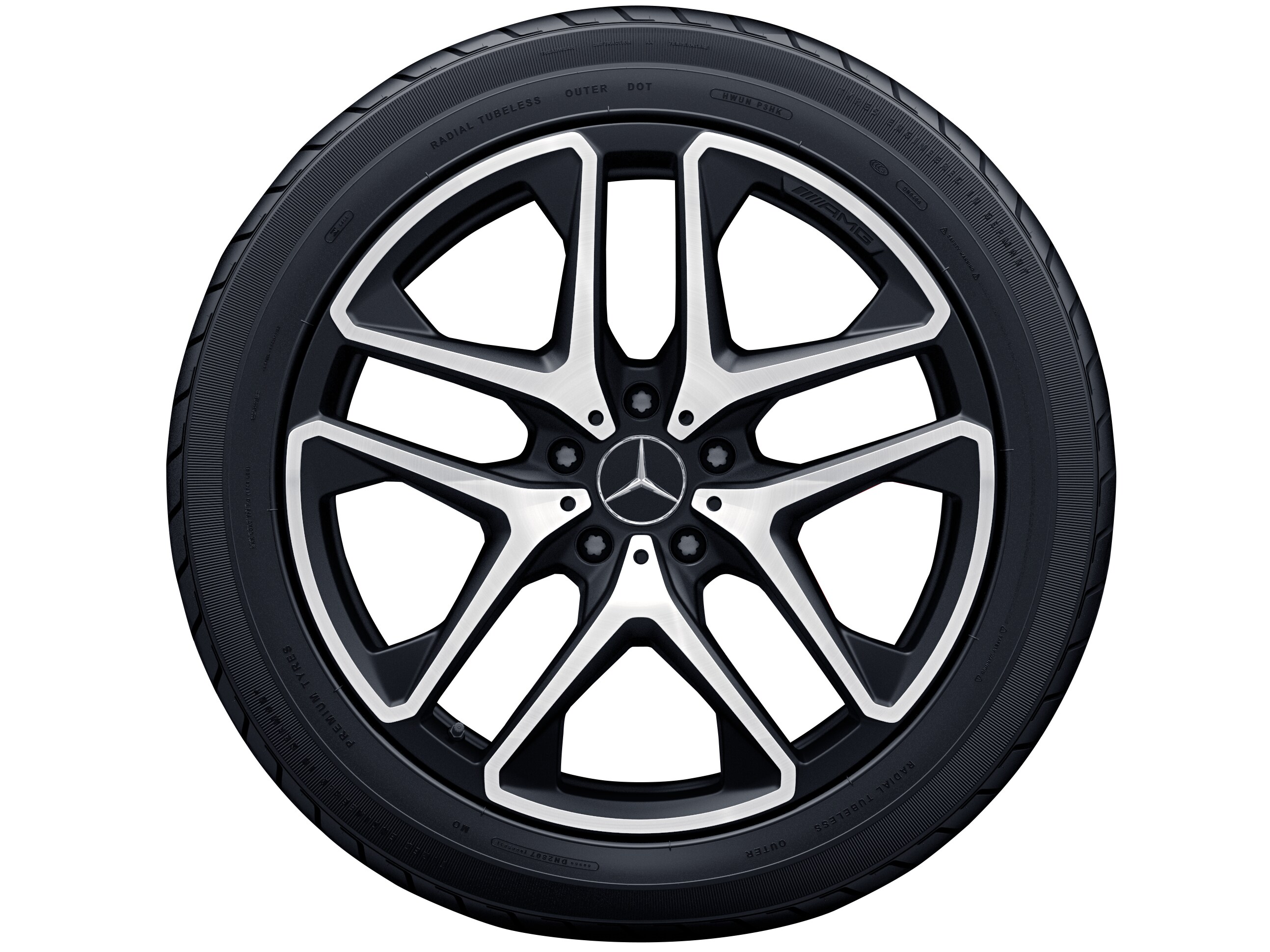 Kolo AMG s 5 dvojitými paprsky, 53,3 cm (21 palců) - 10 J x 21 ET 33, černá matná, soustružené do lesku