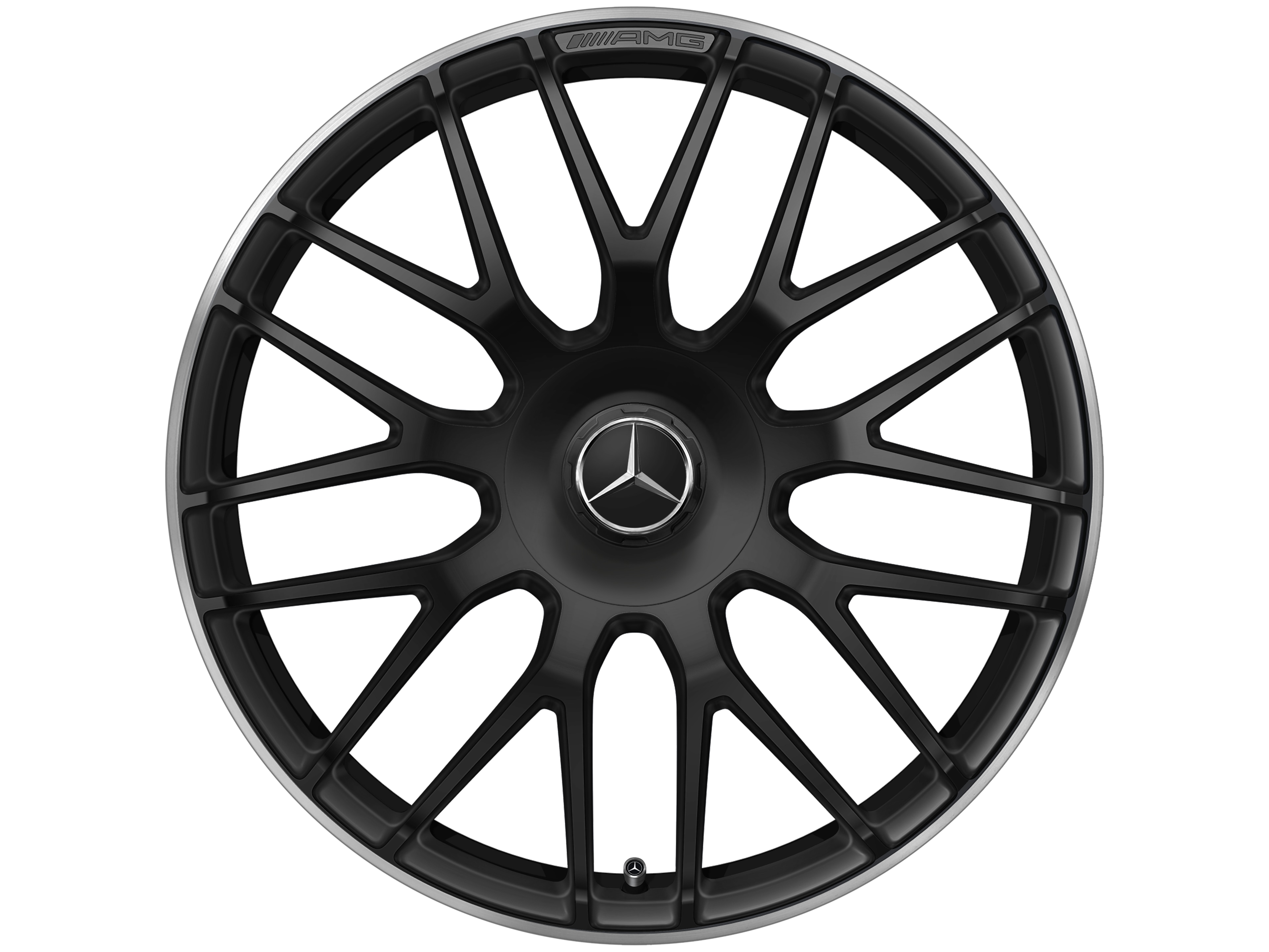 Kované kolo AMG v provedení se zkříženými paprsky, 48,3 cm (19 palců), Okraj ráfku leštěný - 8,5 J x 19 ET 38, černá matná, Okraj ráfku leštěný