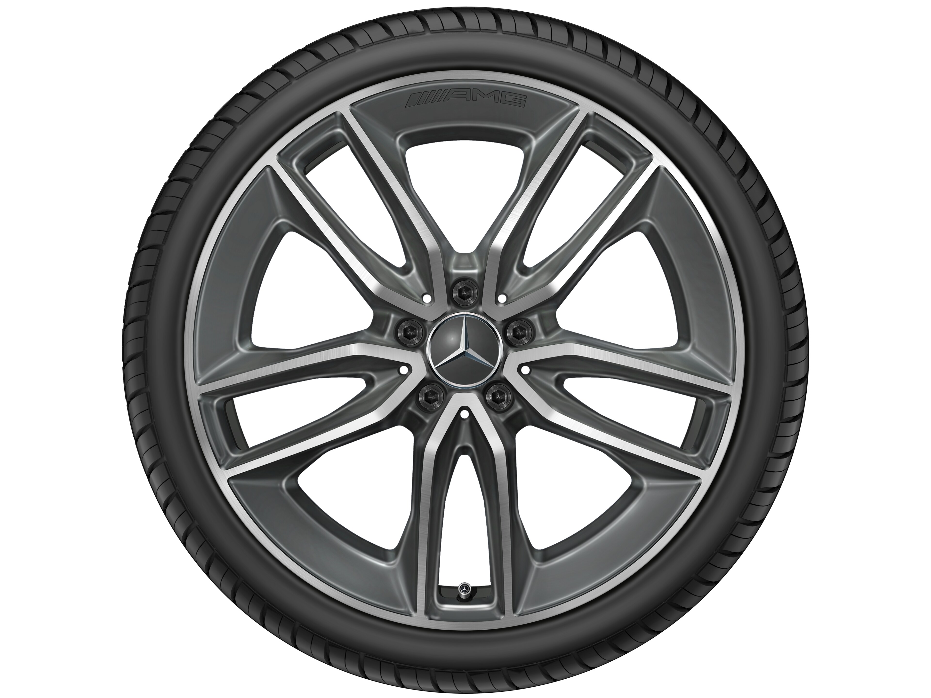 Kolo AMG s 5 dvojitými paprsky, 50,8 cm (20 palců) - 9 J x 20 ET 49, šedá tantalum, soustružené do lesku