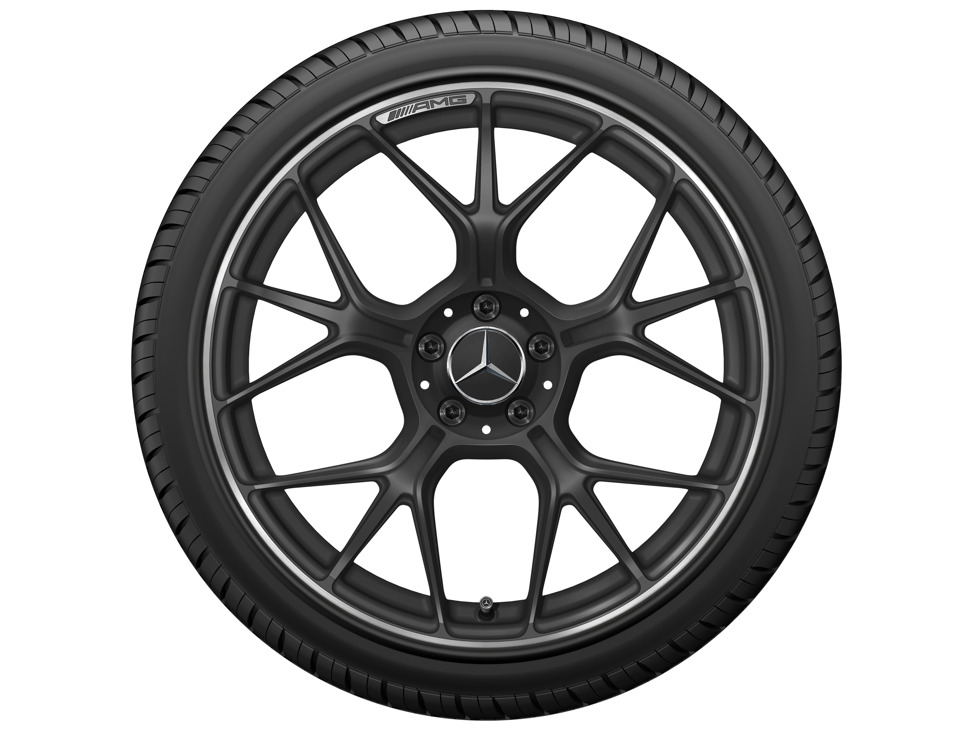 Kované kolo AMG v provedení se zkříženými paprsky, 50,8 cm (20 palců), Okraj ráfku leštěný - 11 J x 20 ET 24,1, černá matná, Okraj ráfku leštěný