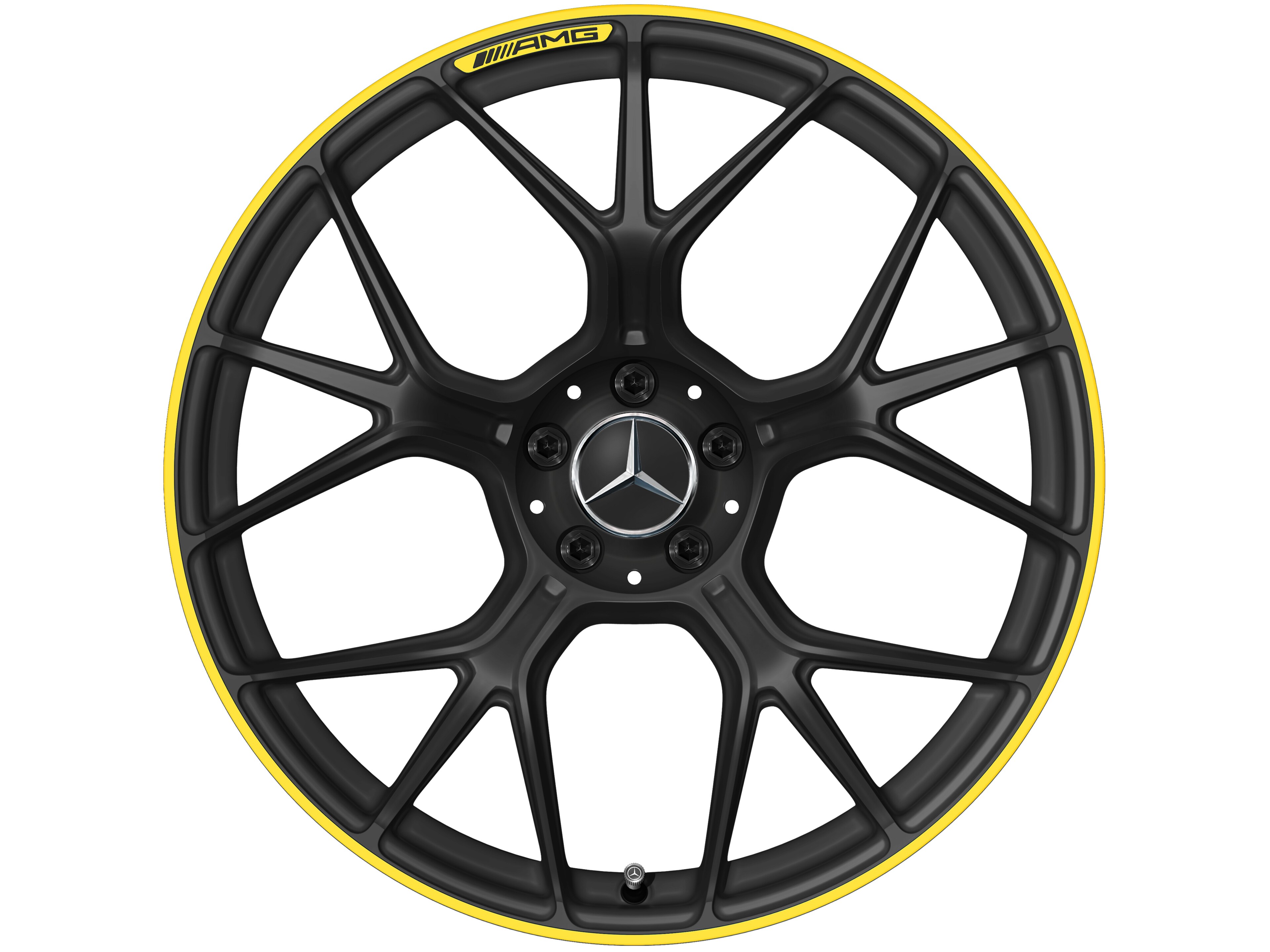 Kované kolo AMG v provedení se zkříženými paprsky, 50,8 cm (20 palců) - 11 J x 20 ET 24,1, černá matná / signální žlutá, soustružené do lesku