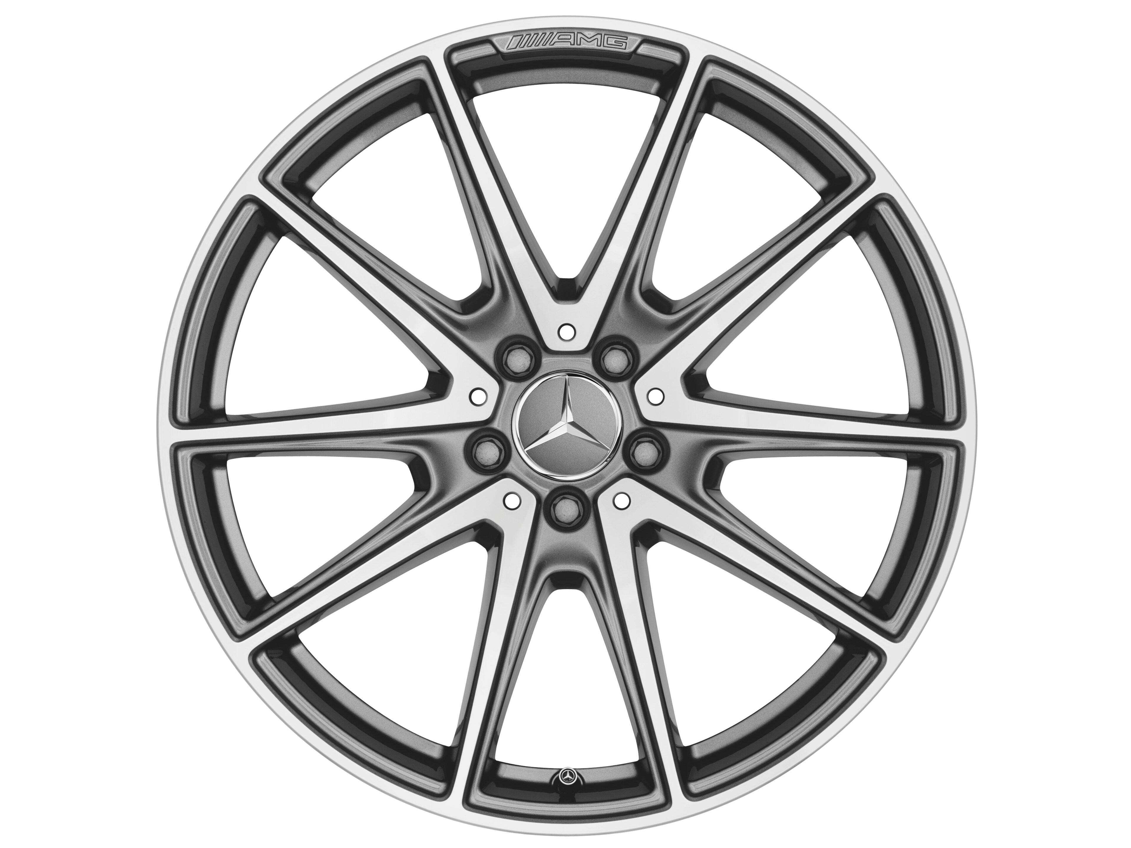 Kolo AMG s 10 paprsky, 50,8 cm (20 palců) - 8,5 J x 20 ET 38, šedá titanium, soustružené do lesku