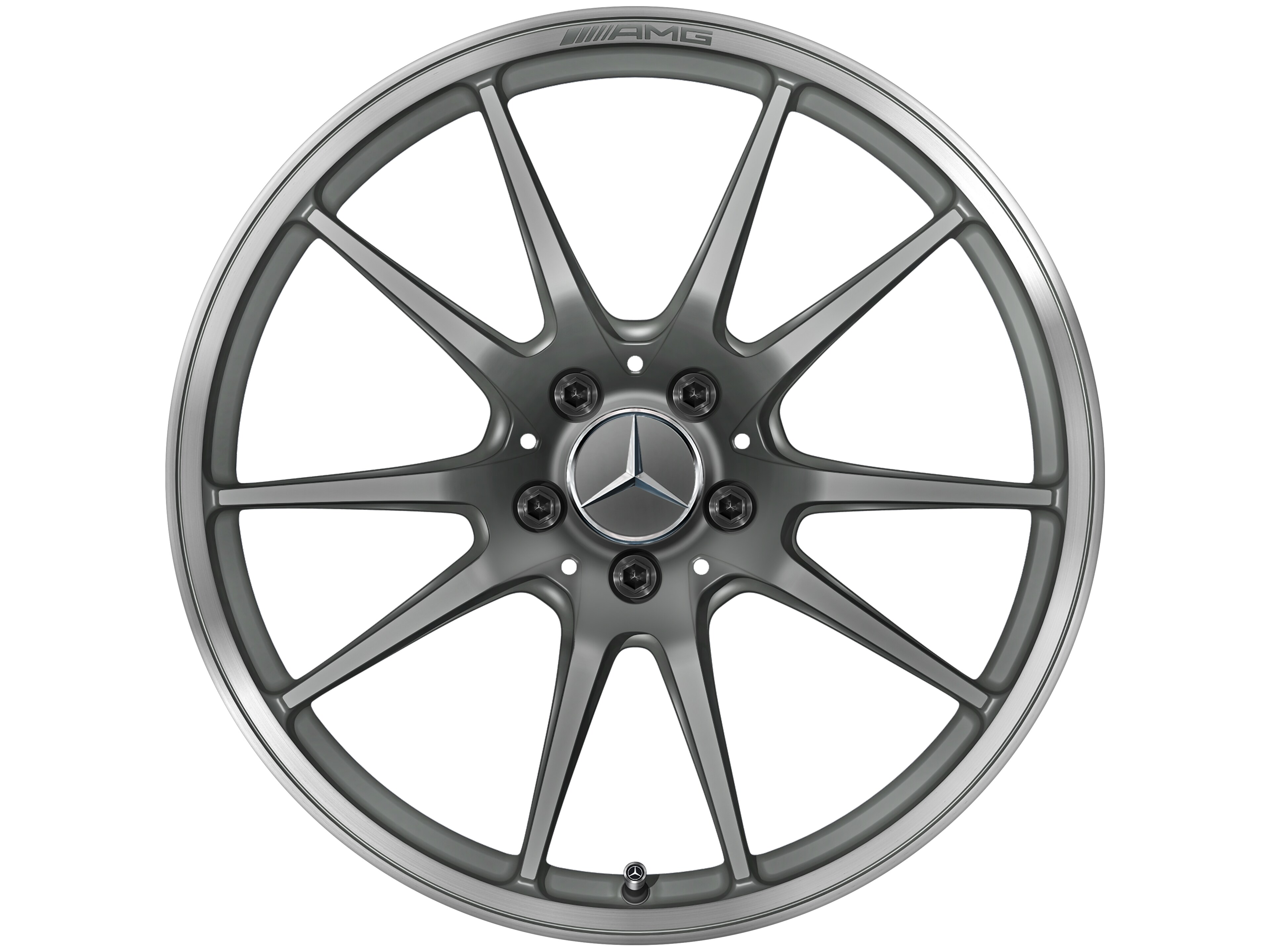 Kované kolo AMG v provedení s 5 dvojitými paprsky, 48,3 cm (19 palců), Okraj ráfku leštěný - 10 J x 19 ET 56, šedá titanium matná, Okraj ráfku leštěný