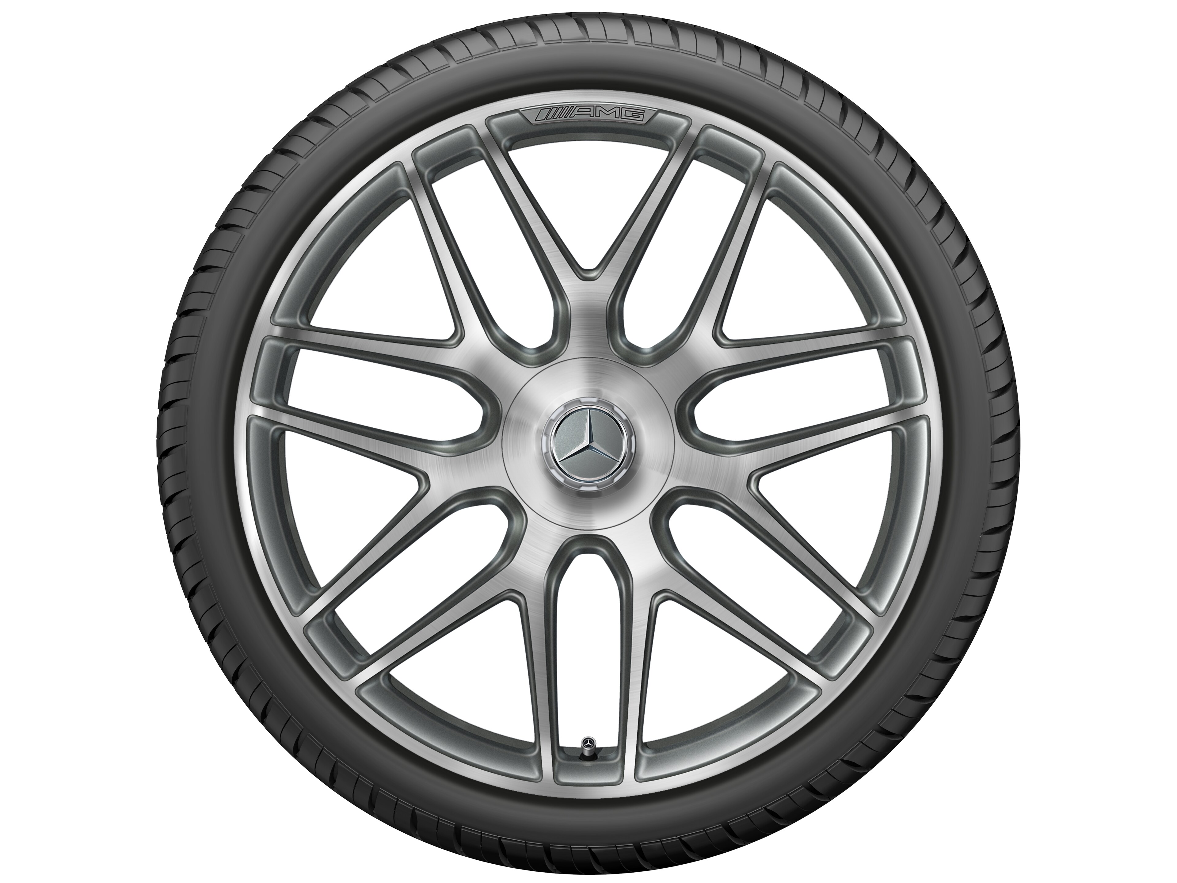 Kované kolo AMG v provedení se zkříženými paprsky, 55,9 cm (22 palců) - 11,5 J x 22 ET 53, šedá titanium, soustružené do lesku