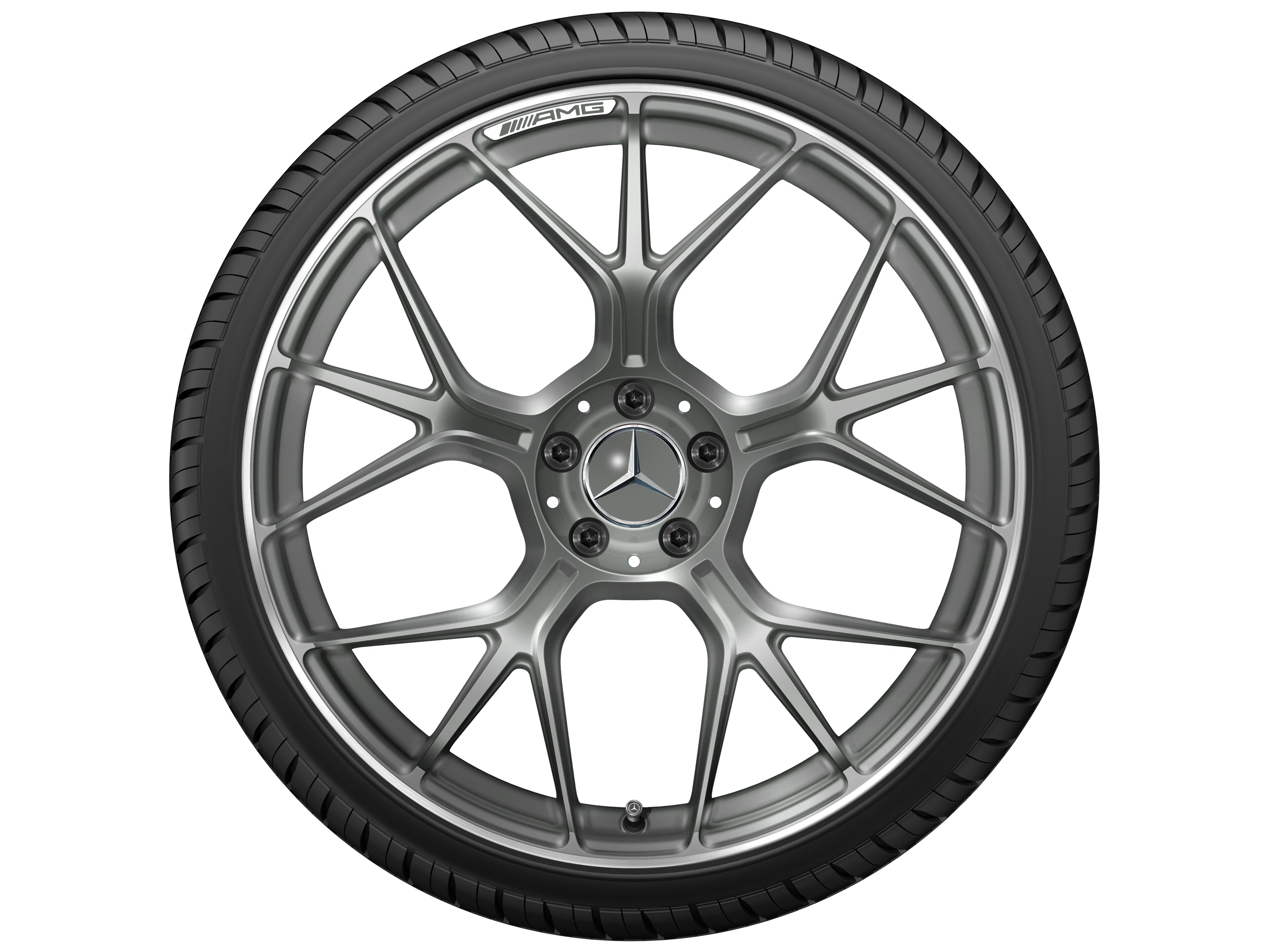 Kované kolo AMG v provedení se zkříženými paprsky, 53,3 cm (21 palců), Okraj ráfku leštěný - 11 J x 21 ET 33, šedá Himalaya matná, Okraj ráfku leštěný