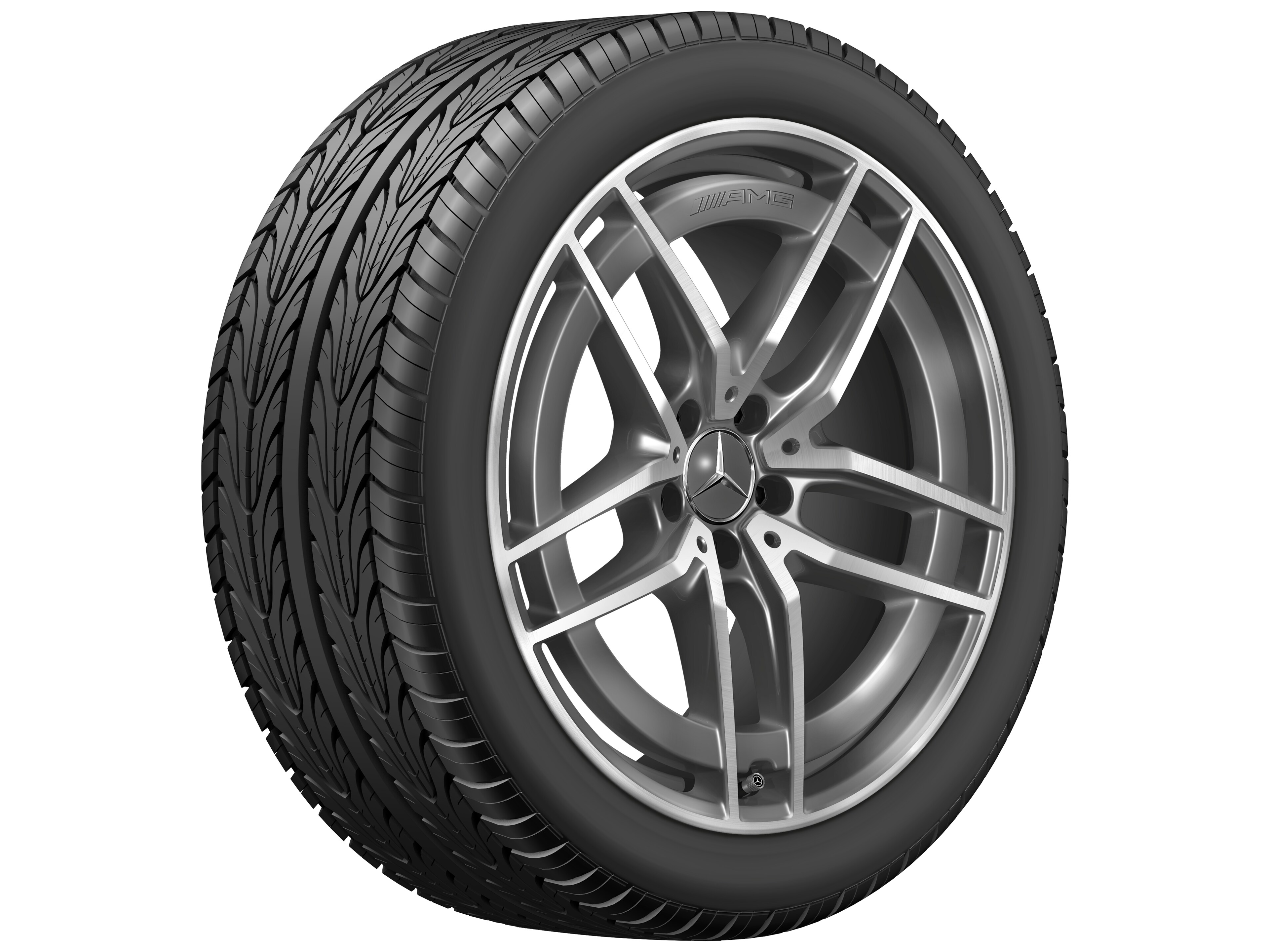 Kolo AMG s 5 dvojitými paprsky, 50,8 cm (20 palců) - 9,5 J x 20 ET 53,5, šedá tantalum, soustružené do lesku