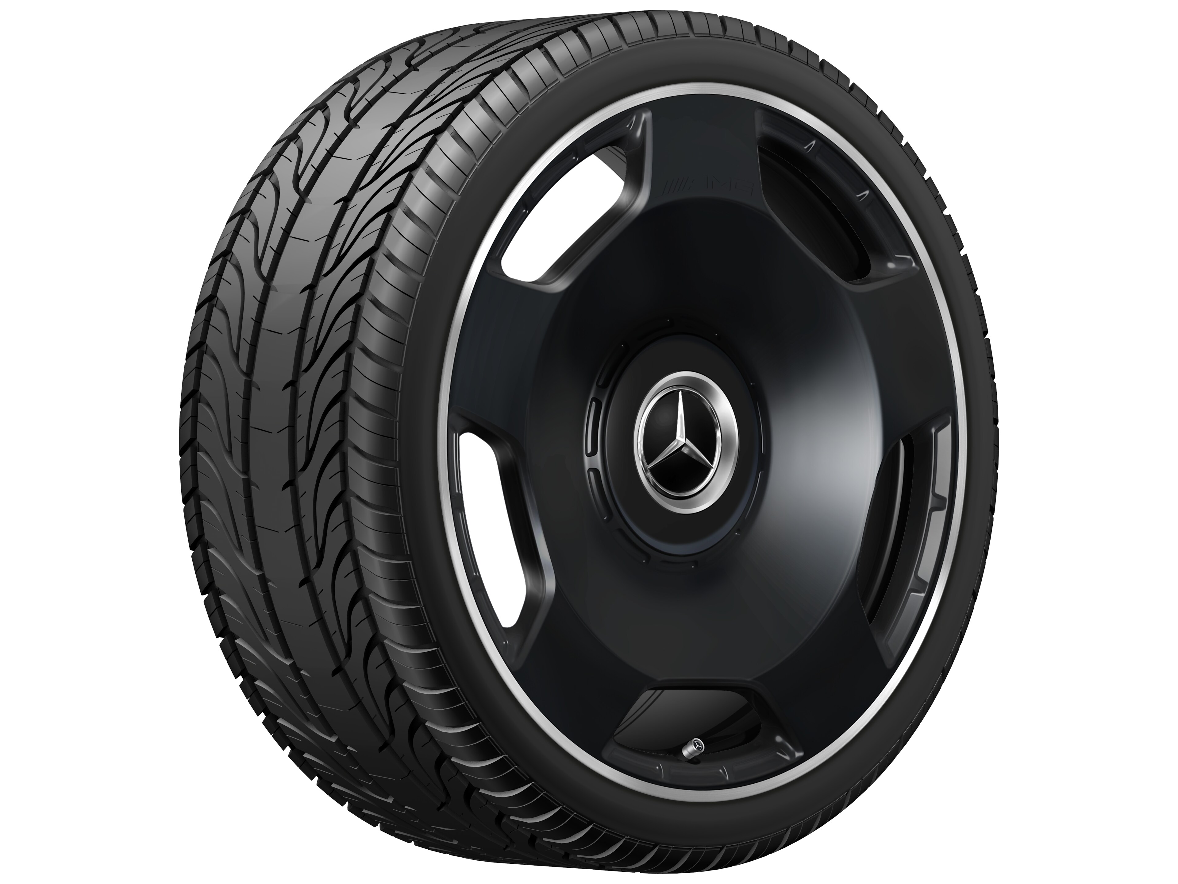 Kované kolo AMG v provedení s 5 otvory, 55,9 cm (22 palců), Okraj ráfku leštěný - 10 J x 22 ET 36, černá matná, Okraj ráfku leštěný
