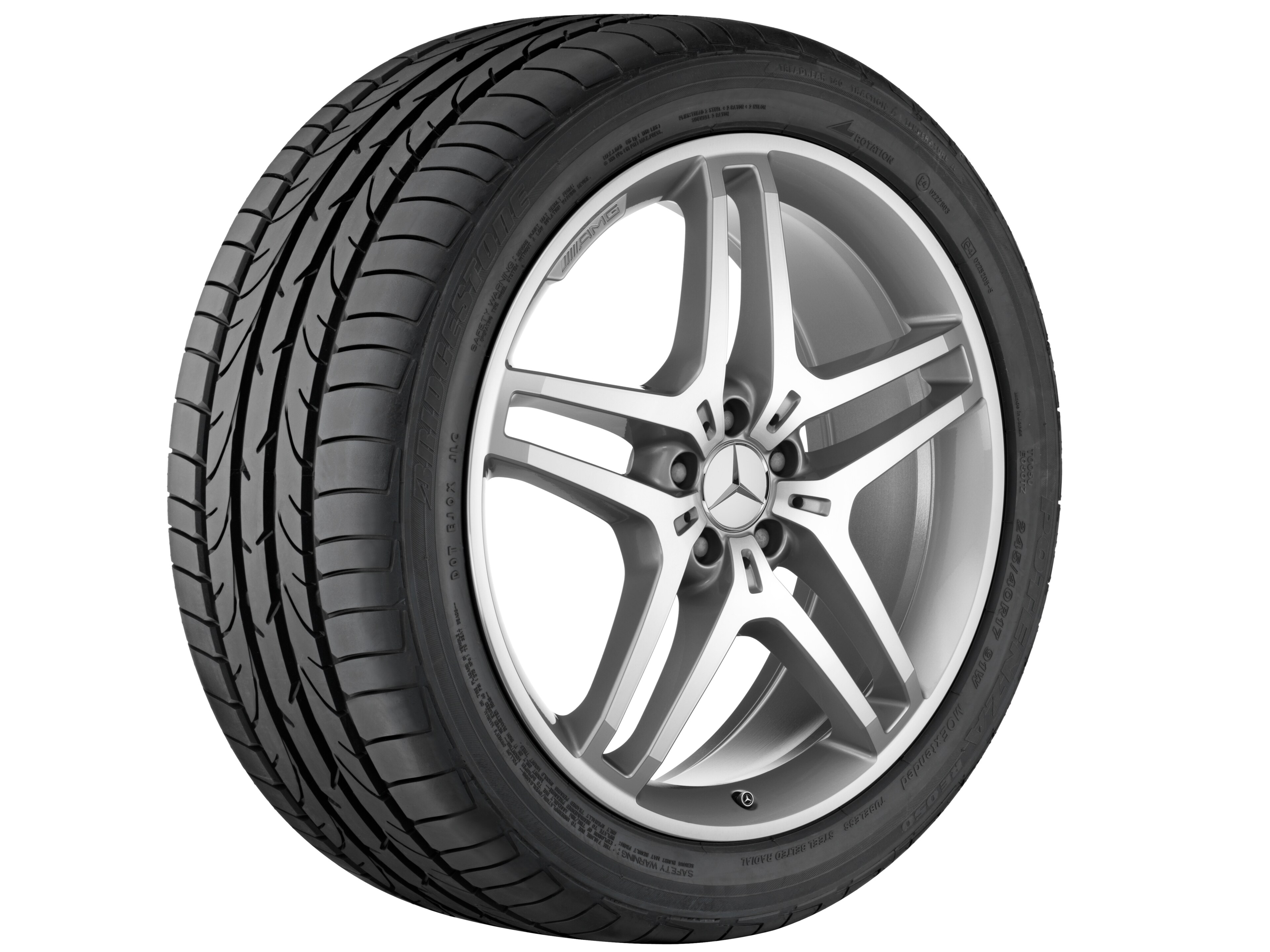 Kolo AMG s 5 dvojitými paprsky, 53,3 cm (21 palců) - 9 J x 21 ET 53, stříbrné barvy, soustružené do lesku