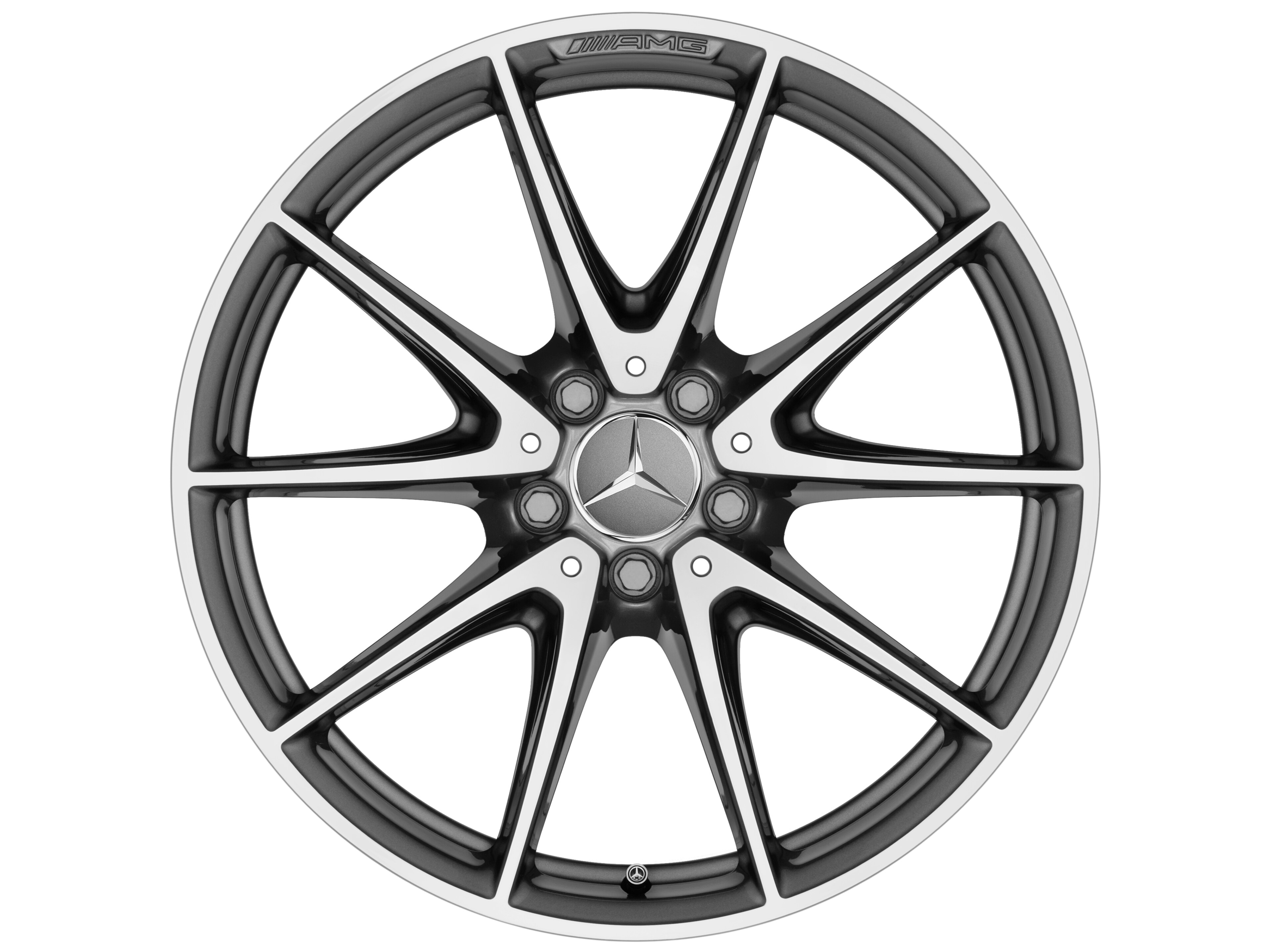 Kolo AMG s 10 paprsky, 48,3 cm (19 palců) - 9,5 J x 19 ET 25, šedá titanium, soustružené do lesku