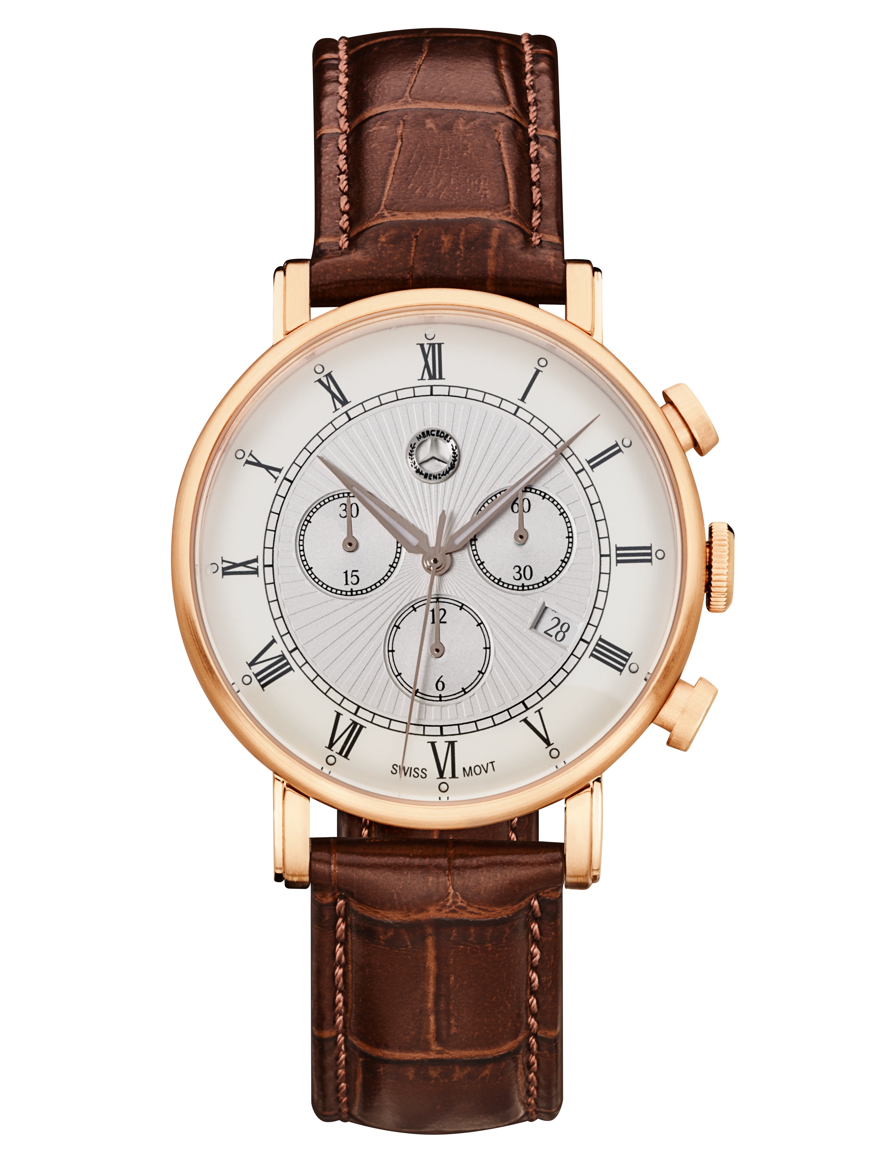 Chronograf pánský, Classic Retro Gold - barvy růžového zlata / hnědá, Nerezová ocel / Telecí kůže