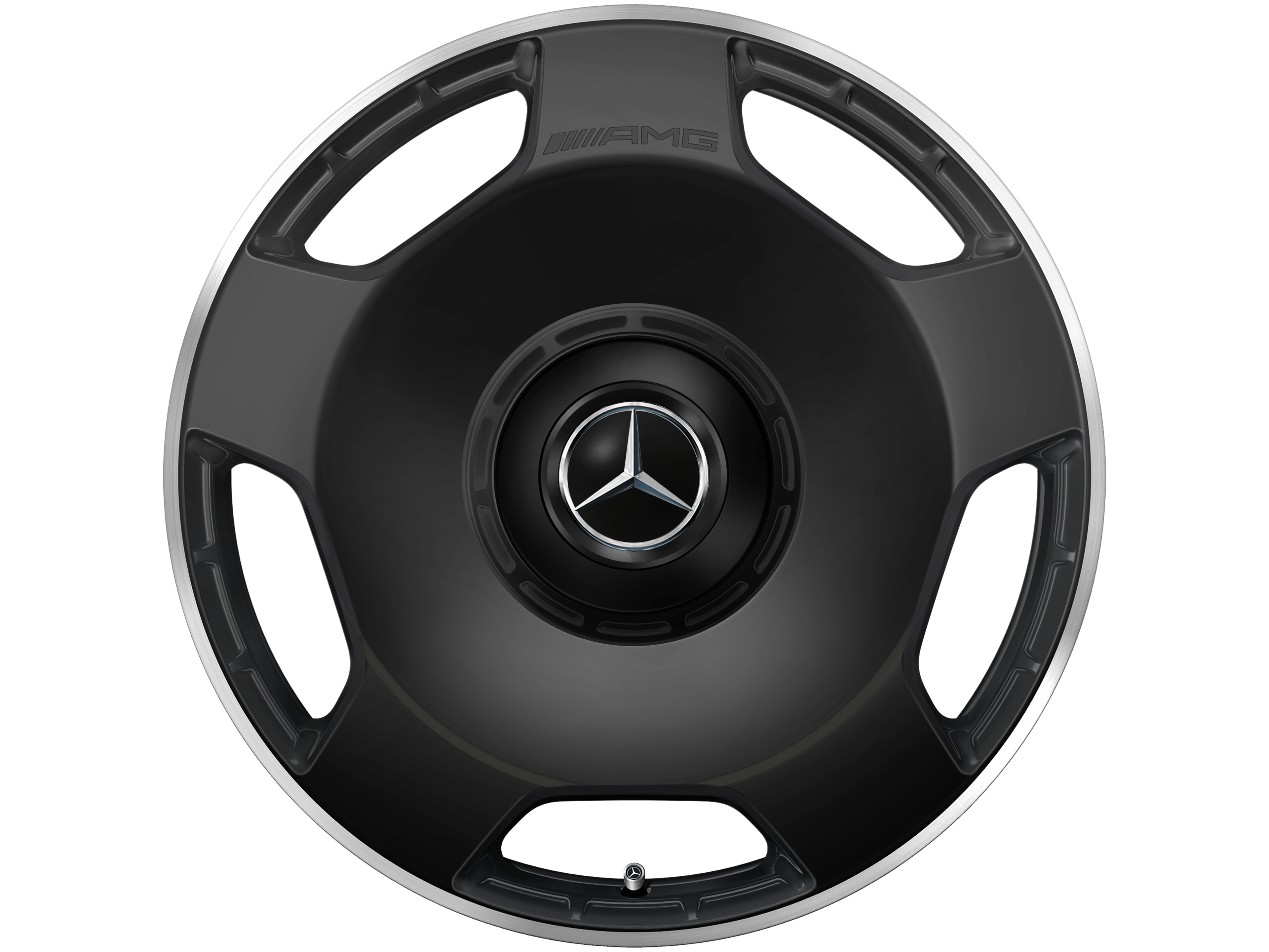 Kované kolo AMG v provedení s 5 otvory, 53,3 cm (21 palců), Okraj ráfku leštěný - 10 J x 21 ET 30, černá matná, Okraj ráfku leštěný