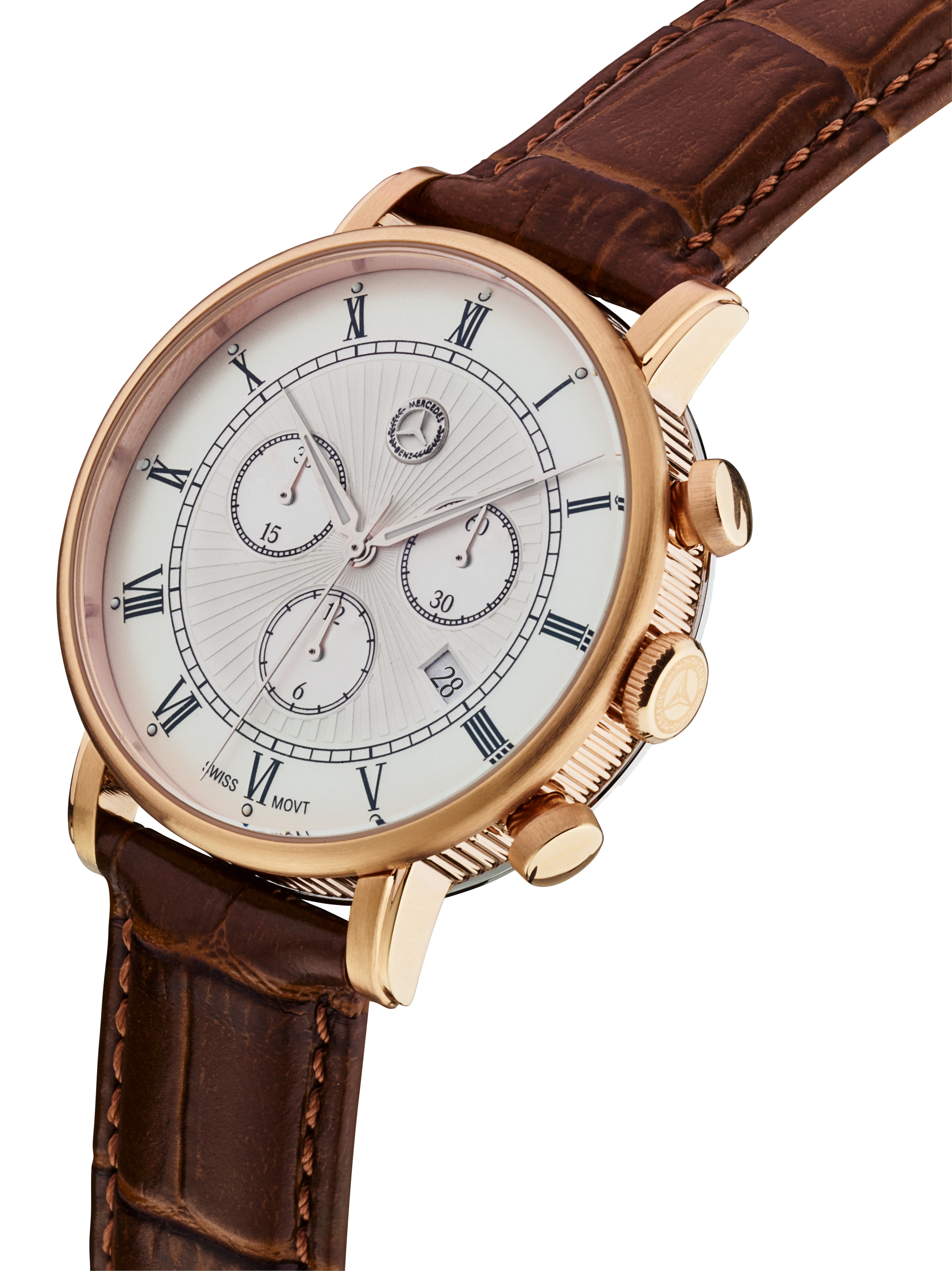 Chronograf pánský, Classic Retro Gold - barvy růžového zlata / hnědá, Nerezová ocel / Telecí kůže