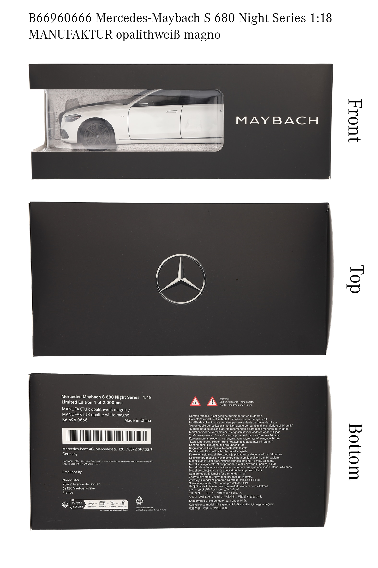 Mercedes-Maybach S 680 4MATIC, Night Series, X223 - G MANUFAKTUR bílá opalith magno, Norev, 1:18