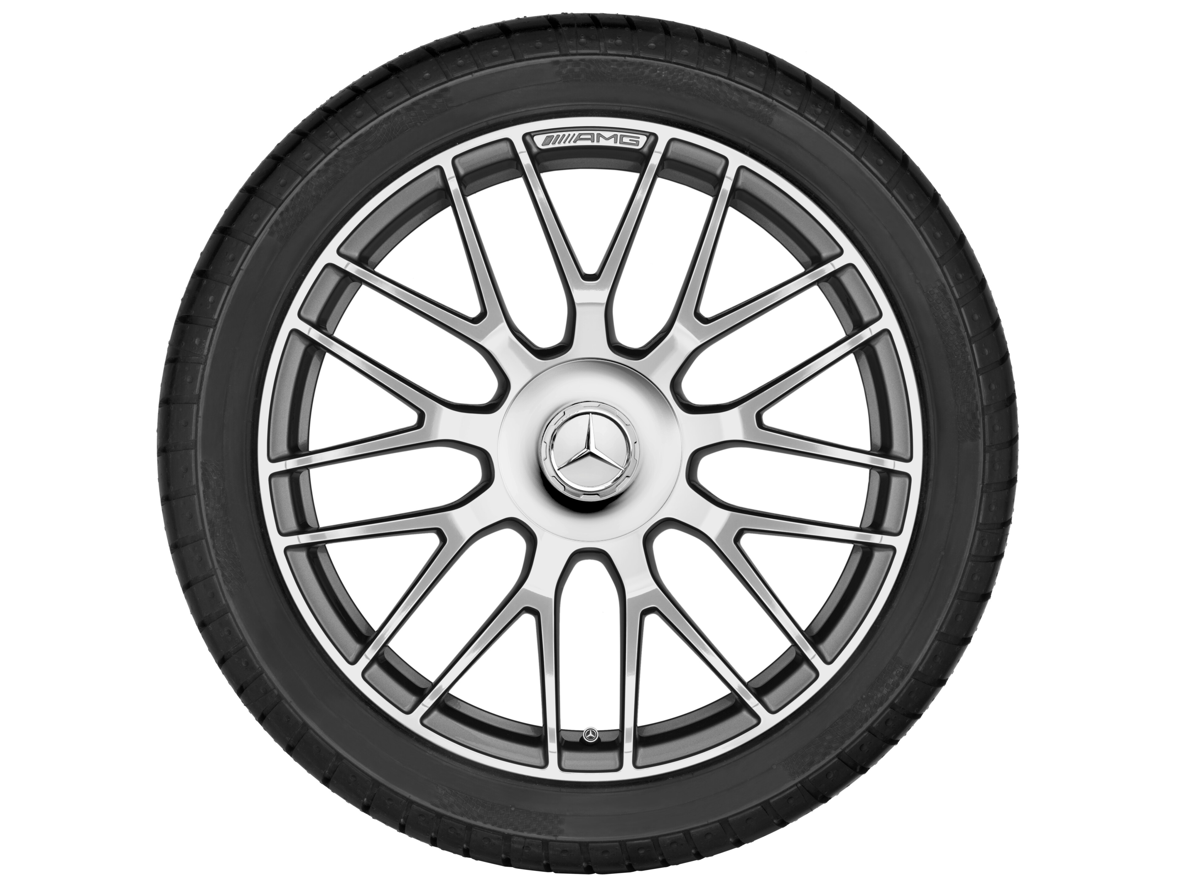 Kované kolo AMG v provedení se zkříženými paprsky, 50,8 cm (20 palců) - 10,5 J x 20 ET 57, šedá titanium, soustružené do lesku