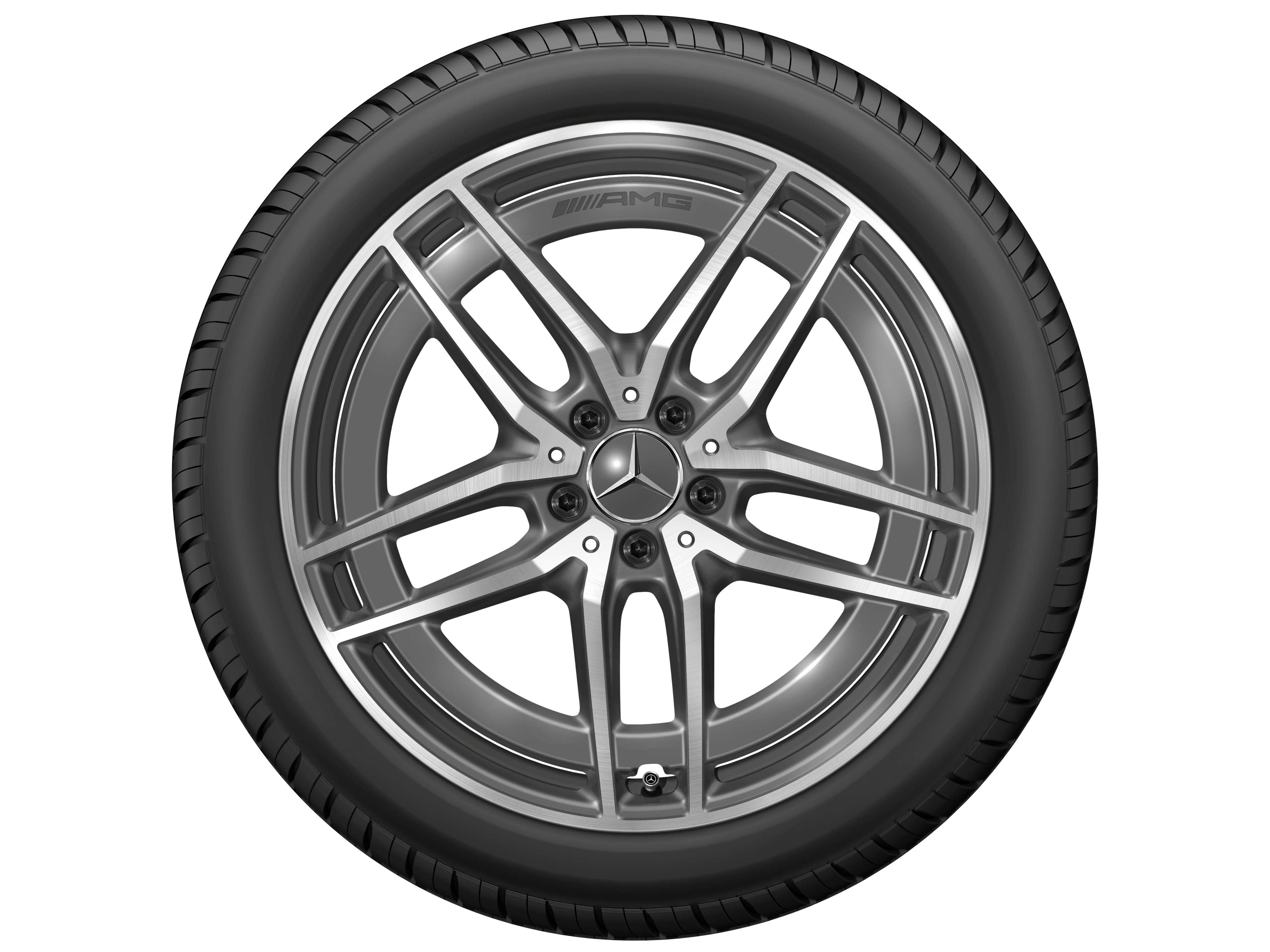 Kolo AMG s 5 dvojitými paprsky, 50,8 cm (20 palců) - 9,5 J x 20 ET 53,5, šedá tantalum, soustružené do lesku
