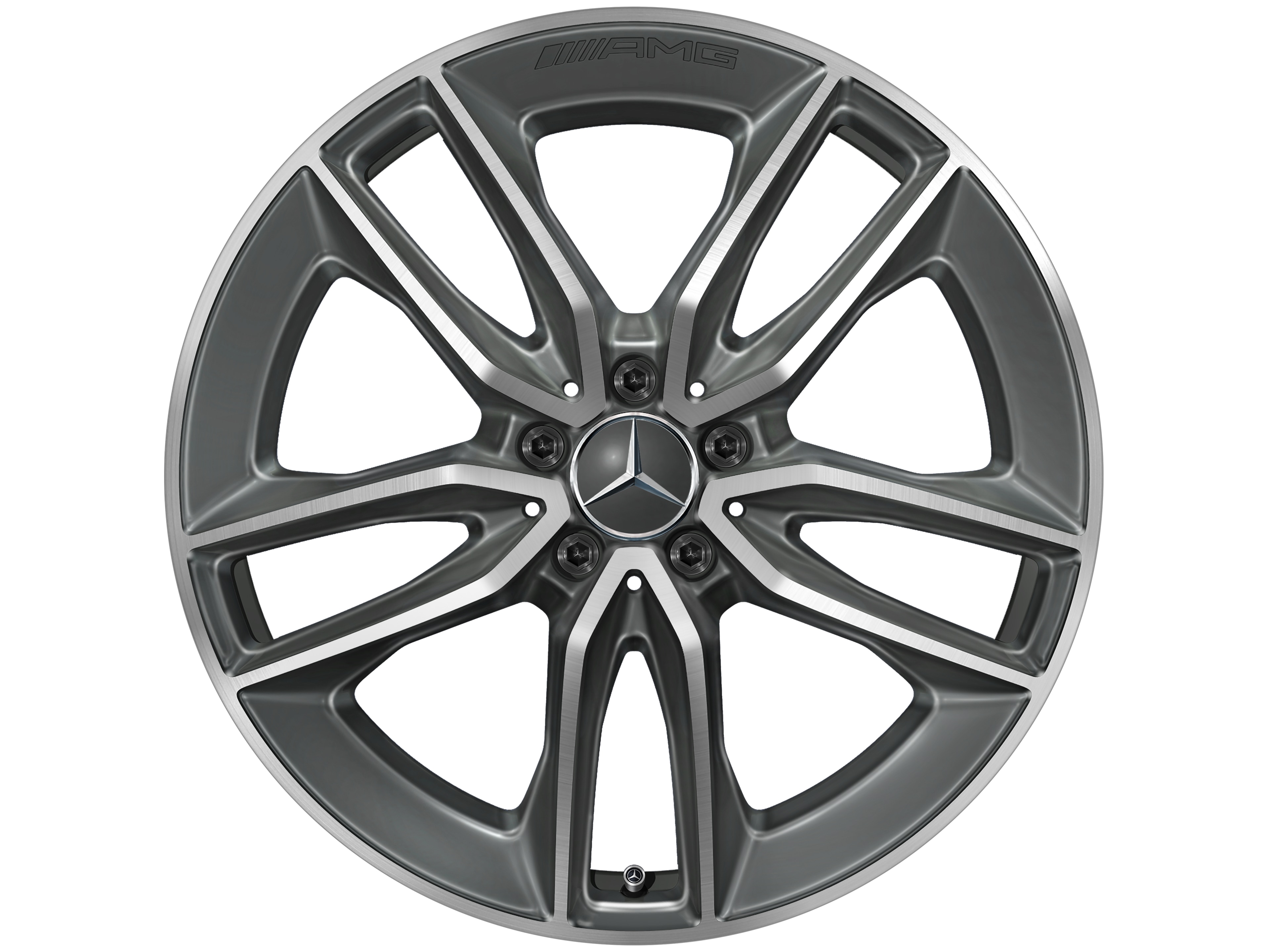 Kolo AMG s 5 dvojitými paprsky, 50,8 cm (20 palců) - 9 J x 20 ET 49, šedá tantalum, soustružené do lesku