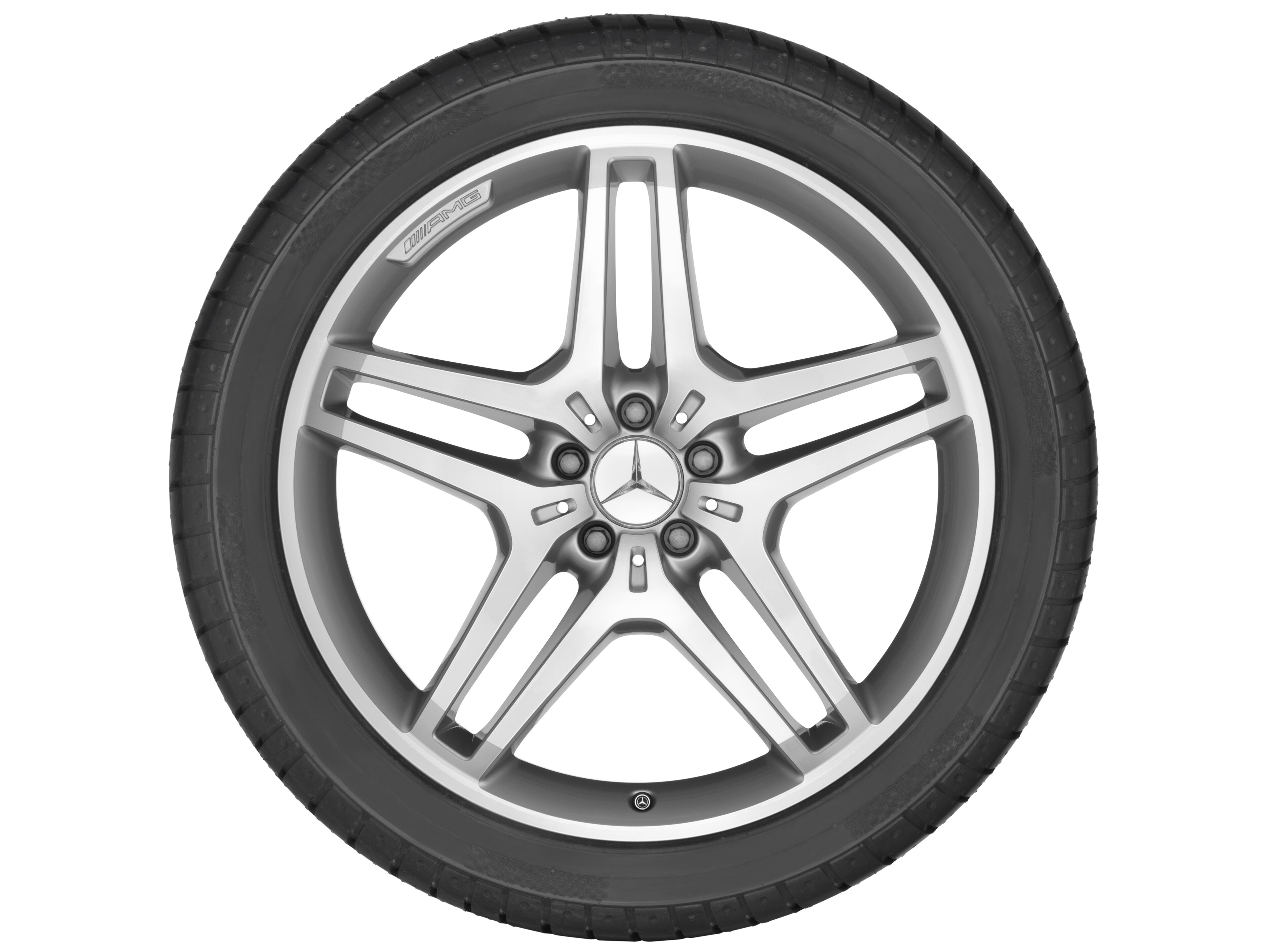 Kolo AMG s 5 dvojitými paprsky, 53,3 cm (21 palců) - 9 J x 21 ET 53, stříbrné barvy, soustružené do lesku