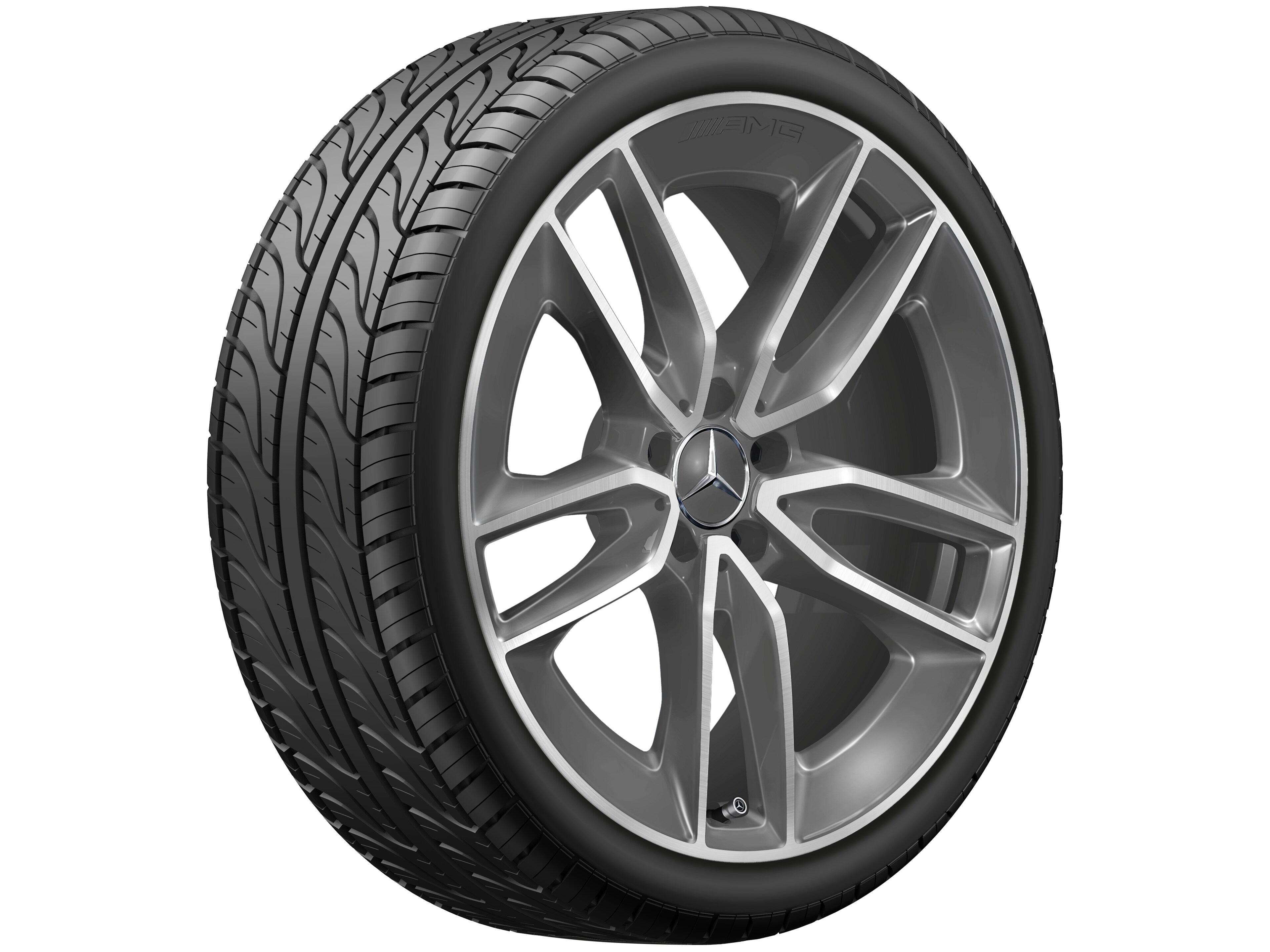 Kolo AMG s 5 dvojitými paprsky, 50,8 cm (20 palců) - 9 J x 20 ET 49, šedá tantalum, soustružené do lesku