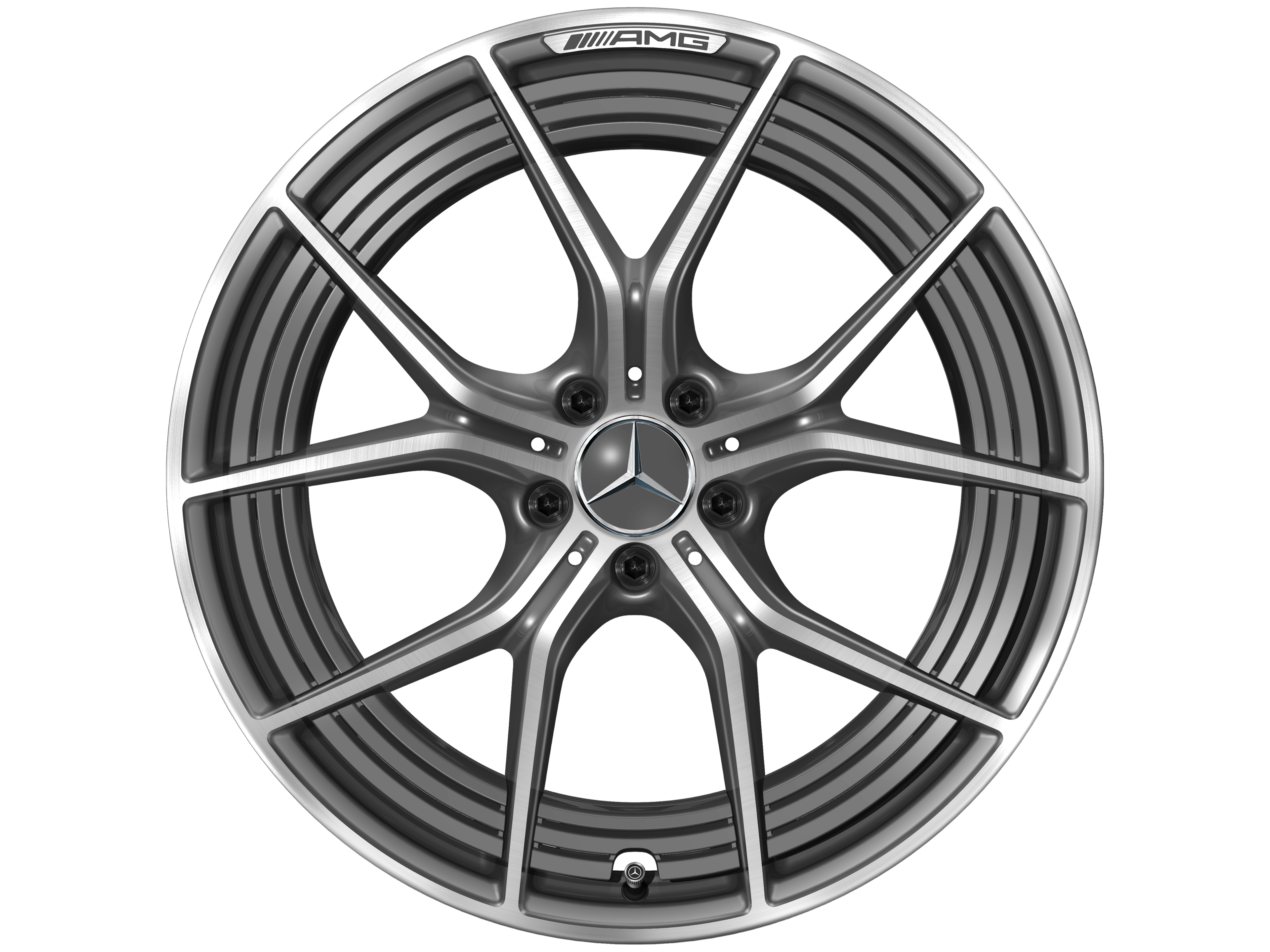 Kované kolo AMG v provedení s 5 dvojitými paprsky, 53,3 cm (21 palců) - 11 J x 21 ET 60, šedá tantalum, soustružené do lesku